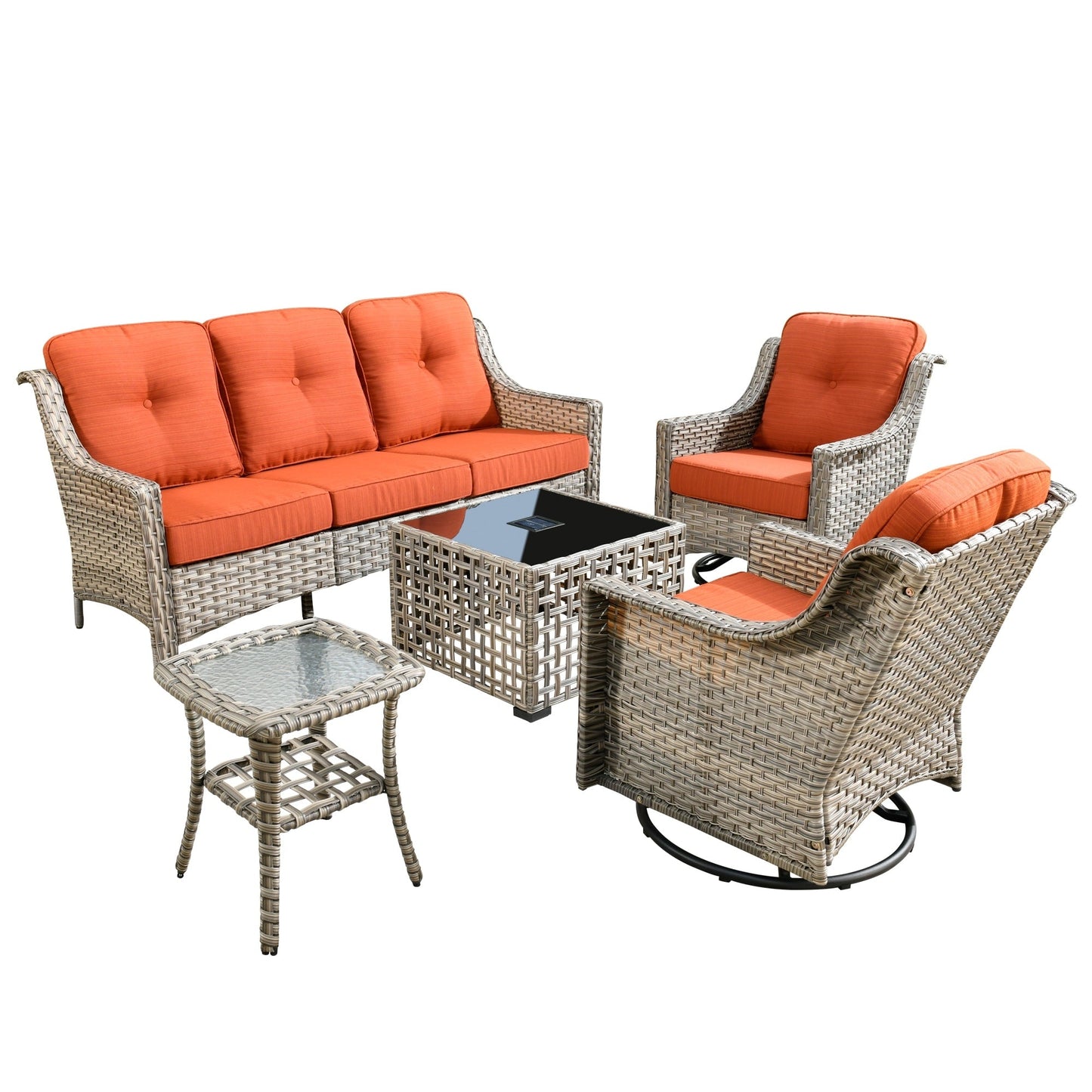 Ensemble de 5 chaises pivotantes d'extérieur en osier OVIOS avec table à énergie solaire