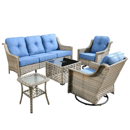 Ensemble de 5 chaises pivotantes d'extérieur en osier OVIOS avec table à énergie solaire