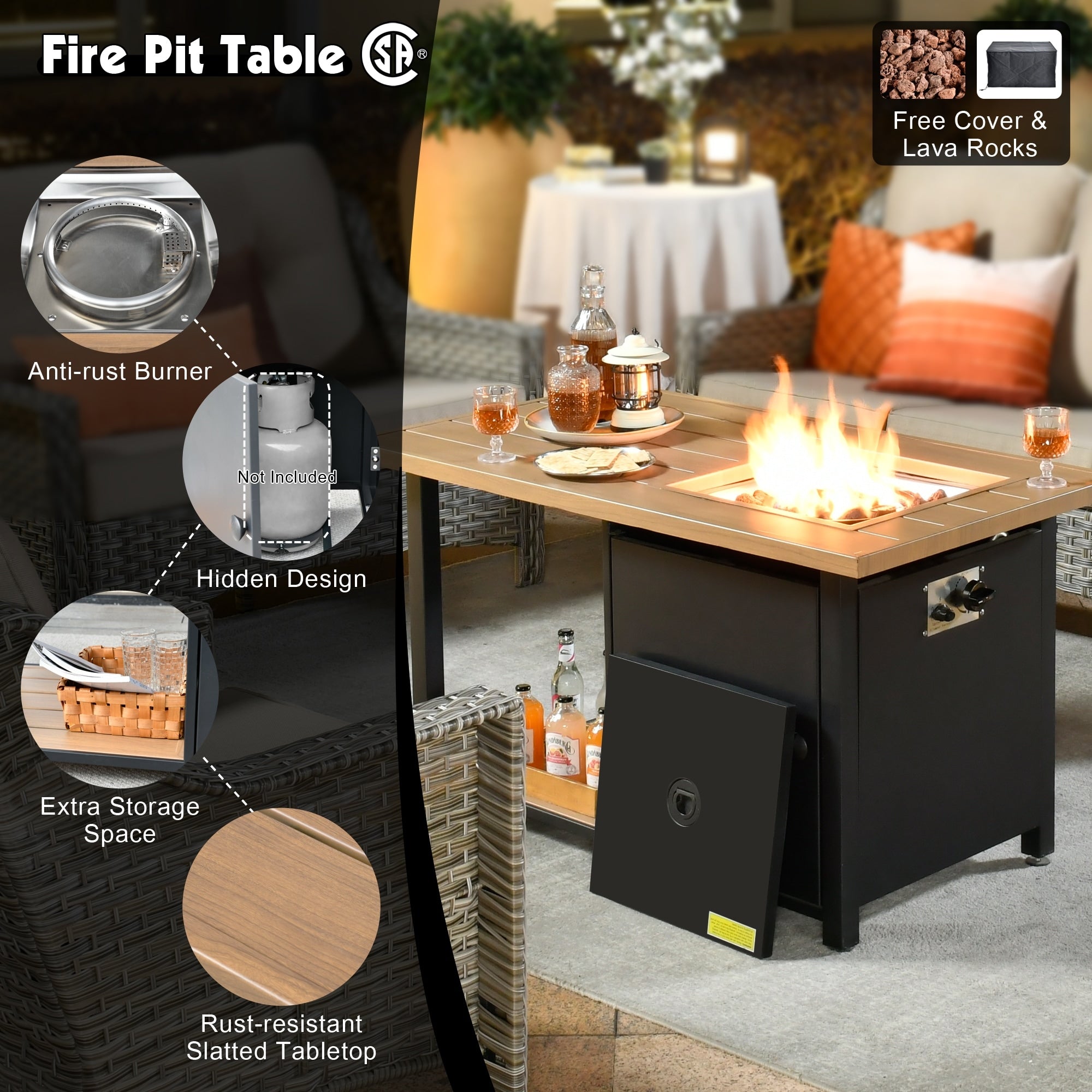 Ensemble de conversation en osier 5 pièces OVIOS avec table à feu