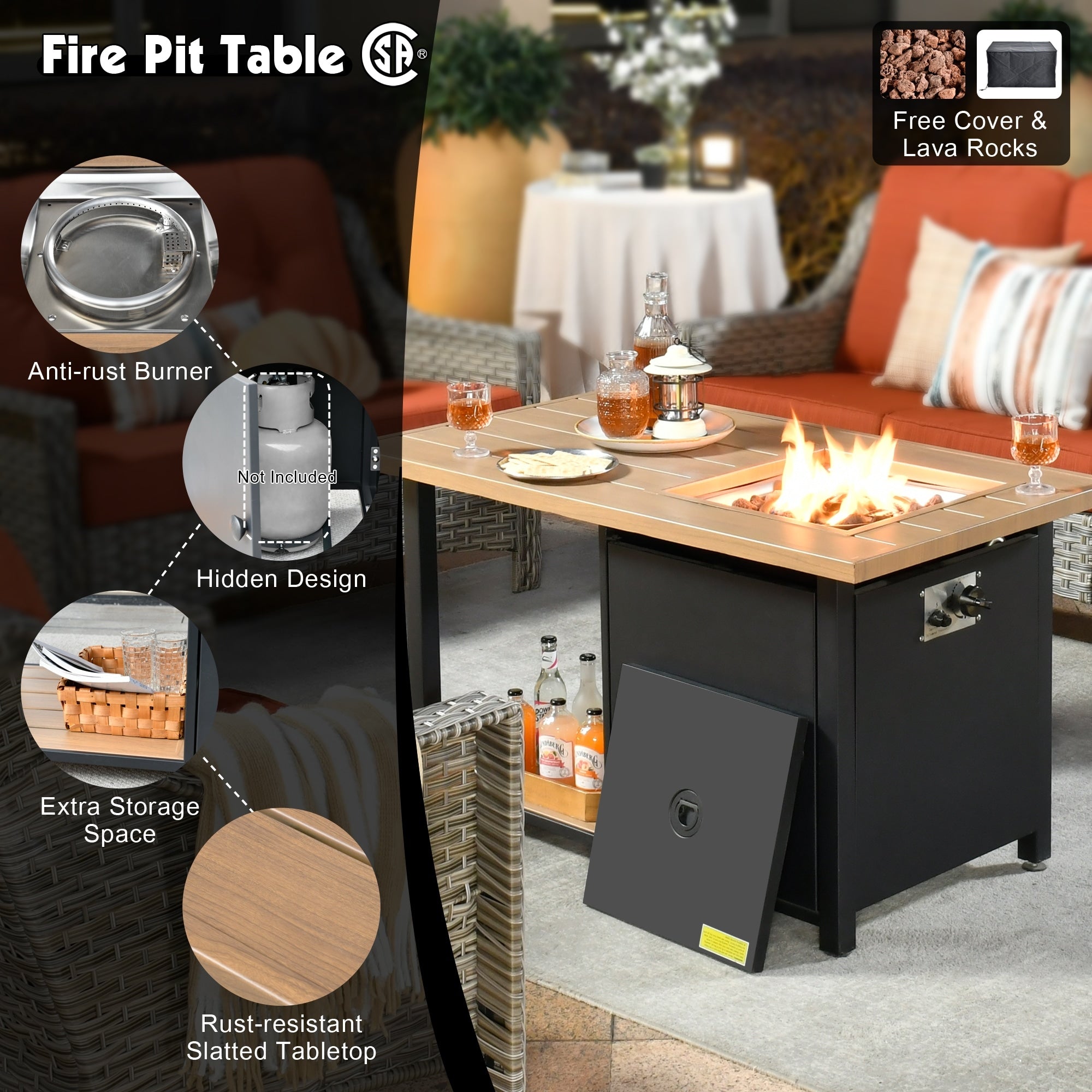 Ensemble de conversation en osier 5 pièces OVIOS avec table à feu