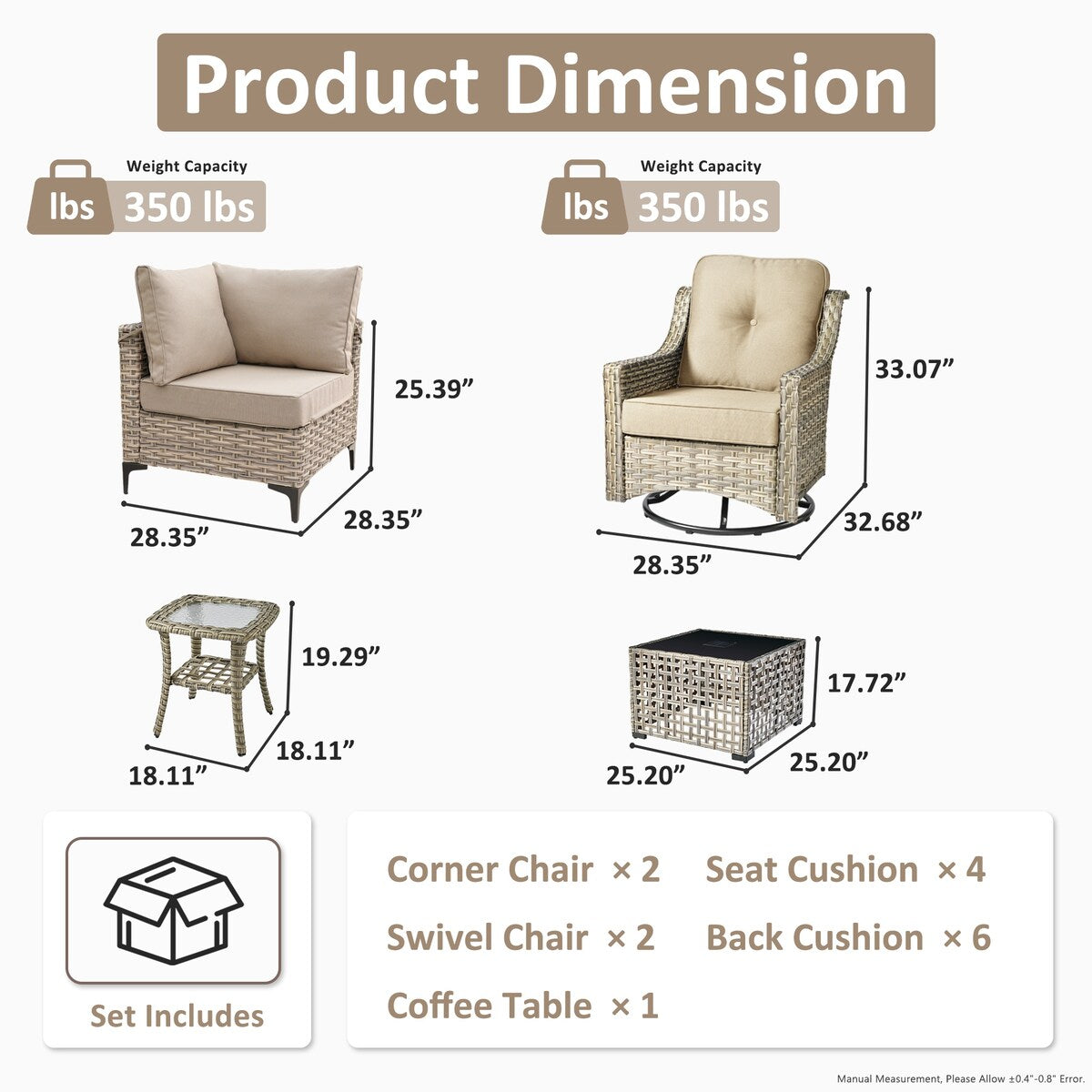 Ensemble de 6 chaises pivotantes d'extérieur en osier OVIOS avec table basse à énergie solaire