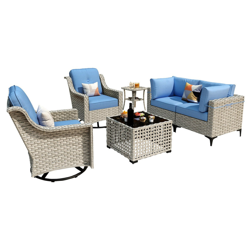 Ensemble de 6 chaises pivotantes d'extérieur en osier OVIOS avec table basse à énergie solaire