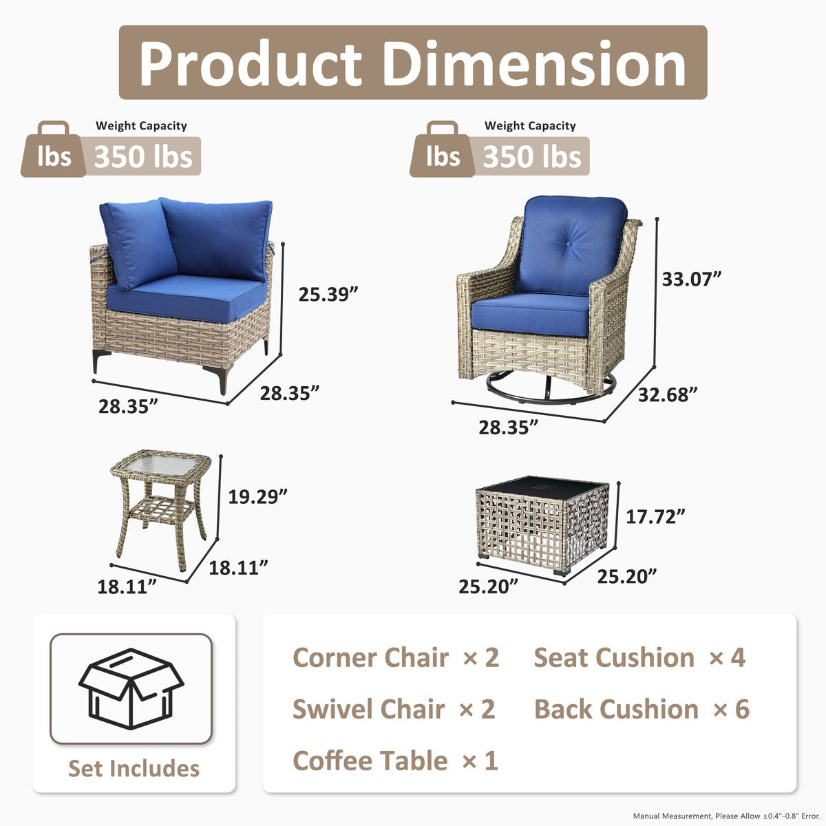 Ensemble de 6 chaises pivotantes d'extérieur en osier OVIOS avec table basse à énergie solaire
