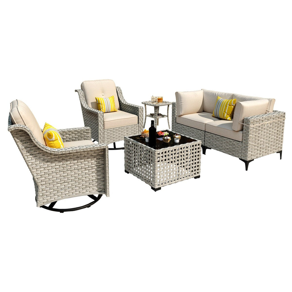 Ensemble de 6 chaises pivotantes d'extérieur en osier OVIOS avec table basse à énergie solaire
