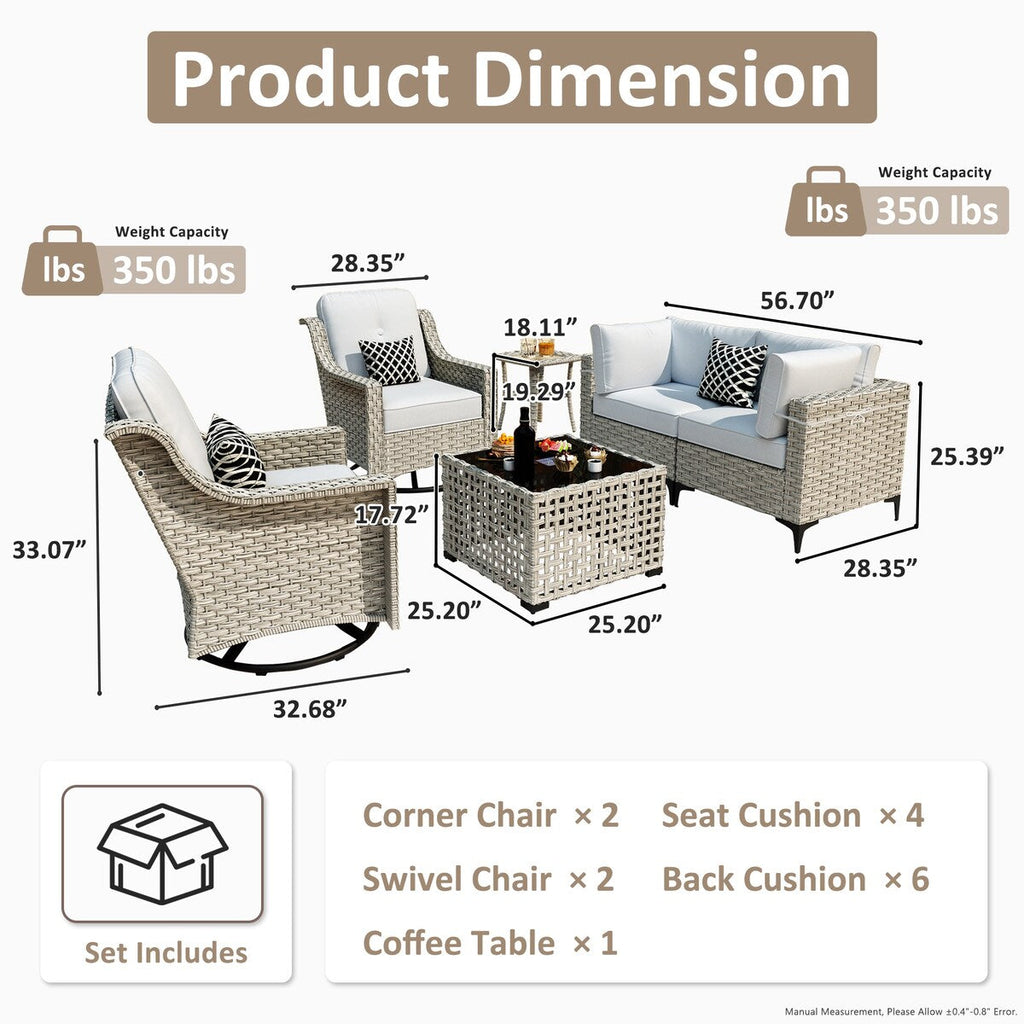 Ensemble de 6 chaises pivotantes d'extérieur en osier OVIOS avec table basse à énergie solaire
