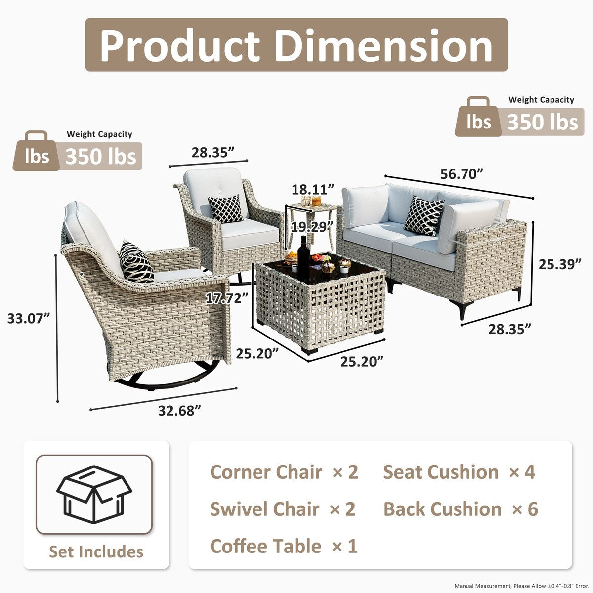 Ensemble de 6 chaises pivotantes d'extérieur en osier OVIOS avec table basse à énergie solaire