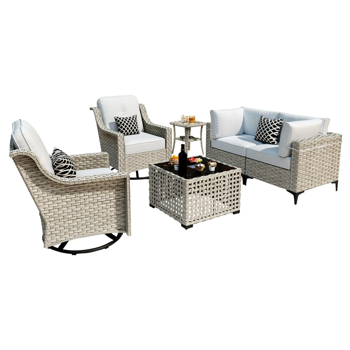 Ensemble de 6 chaises pivotantes d'extérieur en osier OVIOS avec table basse à énergie solaire
