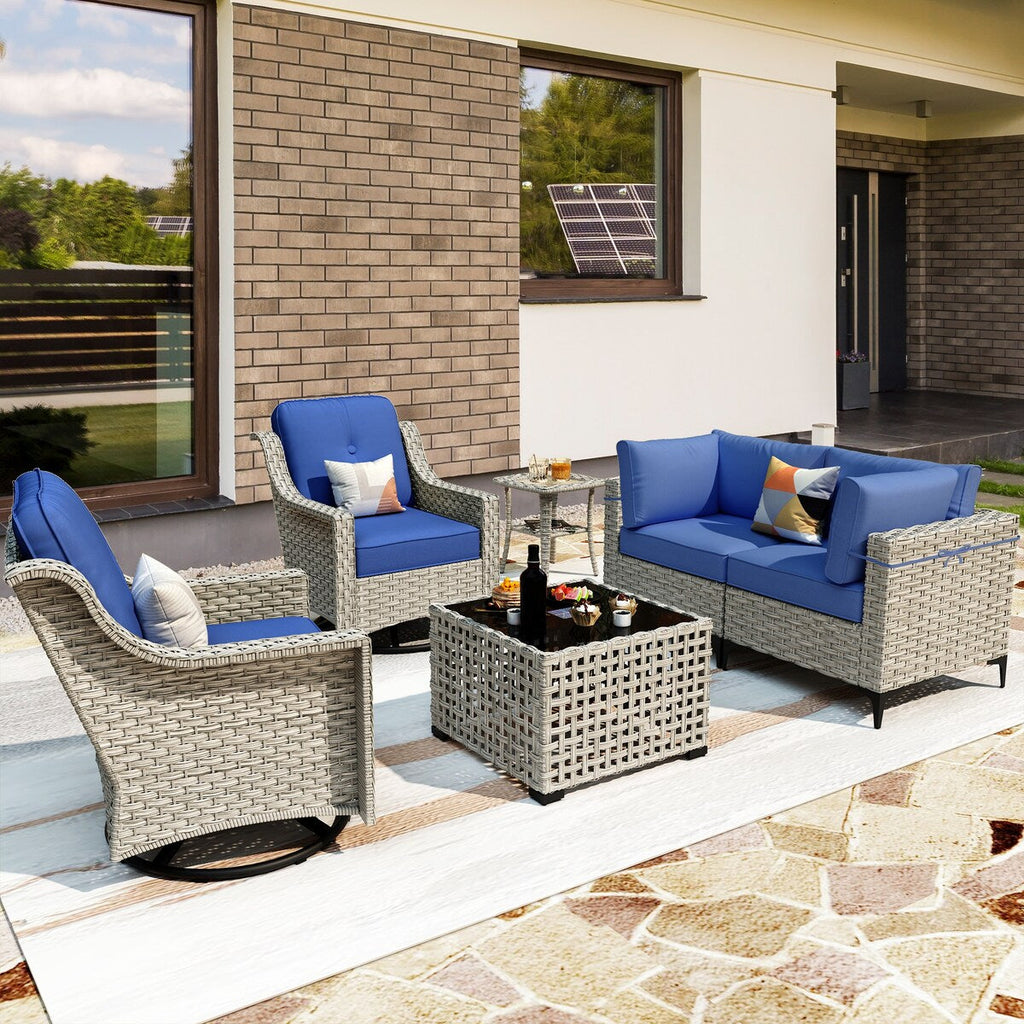 Ensemble de 6 chaises pivotantes d'extérieur en osier OVIOS avec table basse à énergie solaire