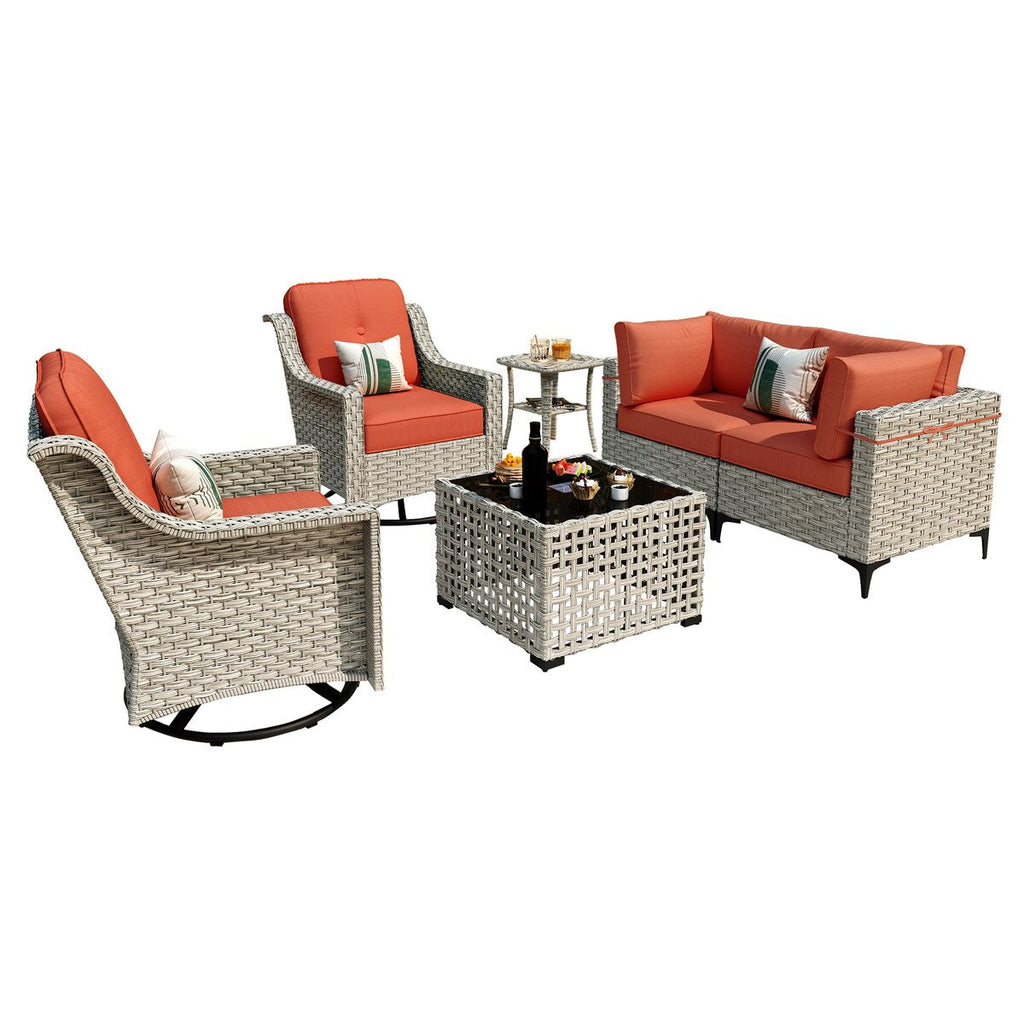 Ensemble de 6 chaises pivotantes d'extérieur en osier OVIOS avec table basse à énergie solaire