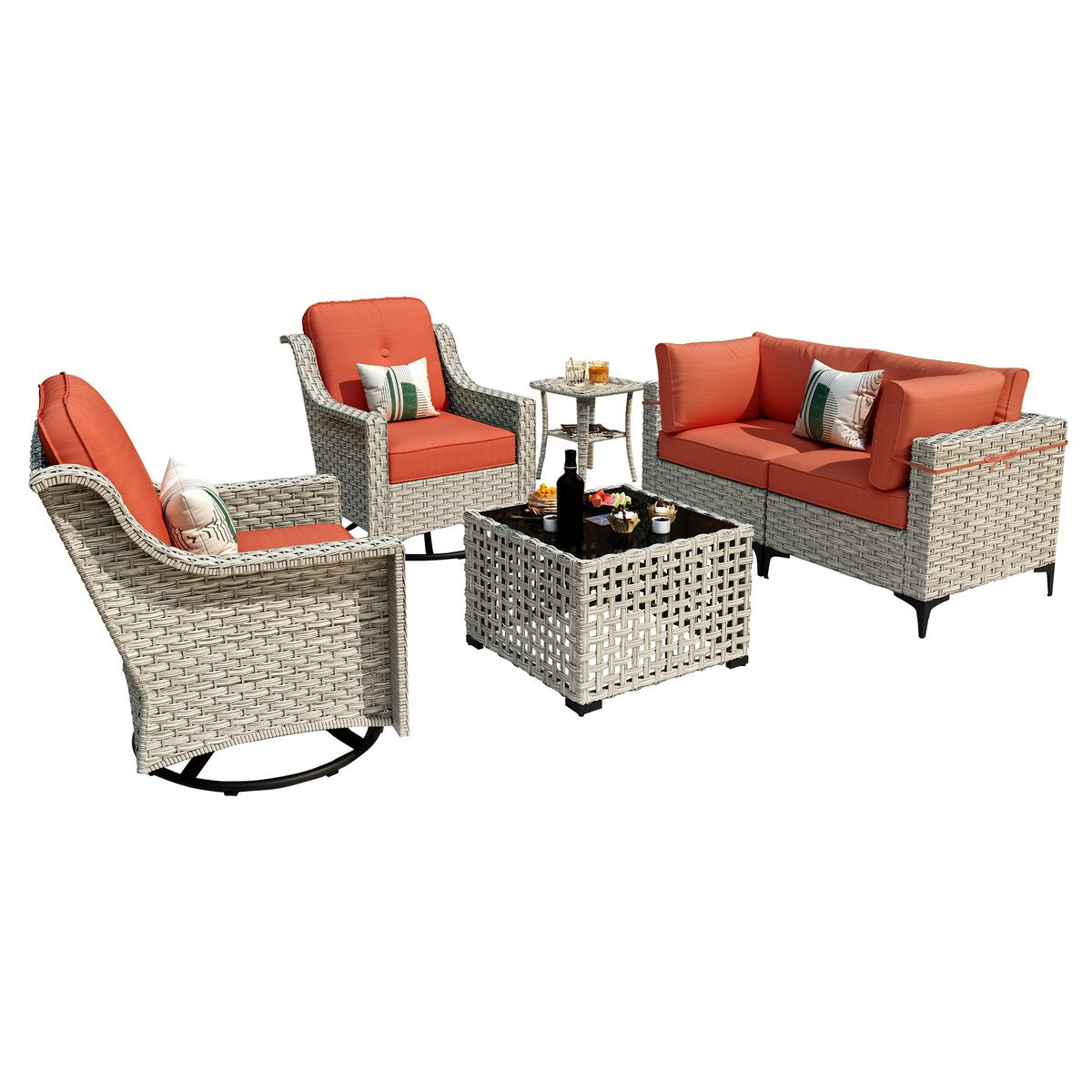 Ensemble de 6 chaises pivotantes d'extérieur en osier OVIOS avec table basse à énergie solaire