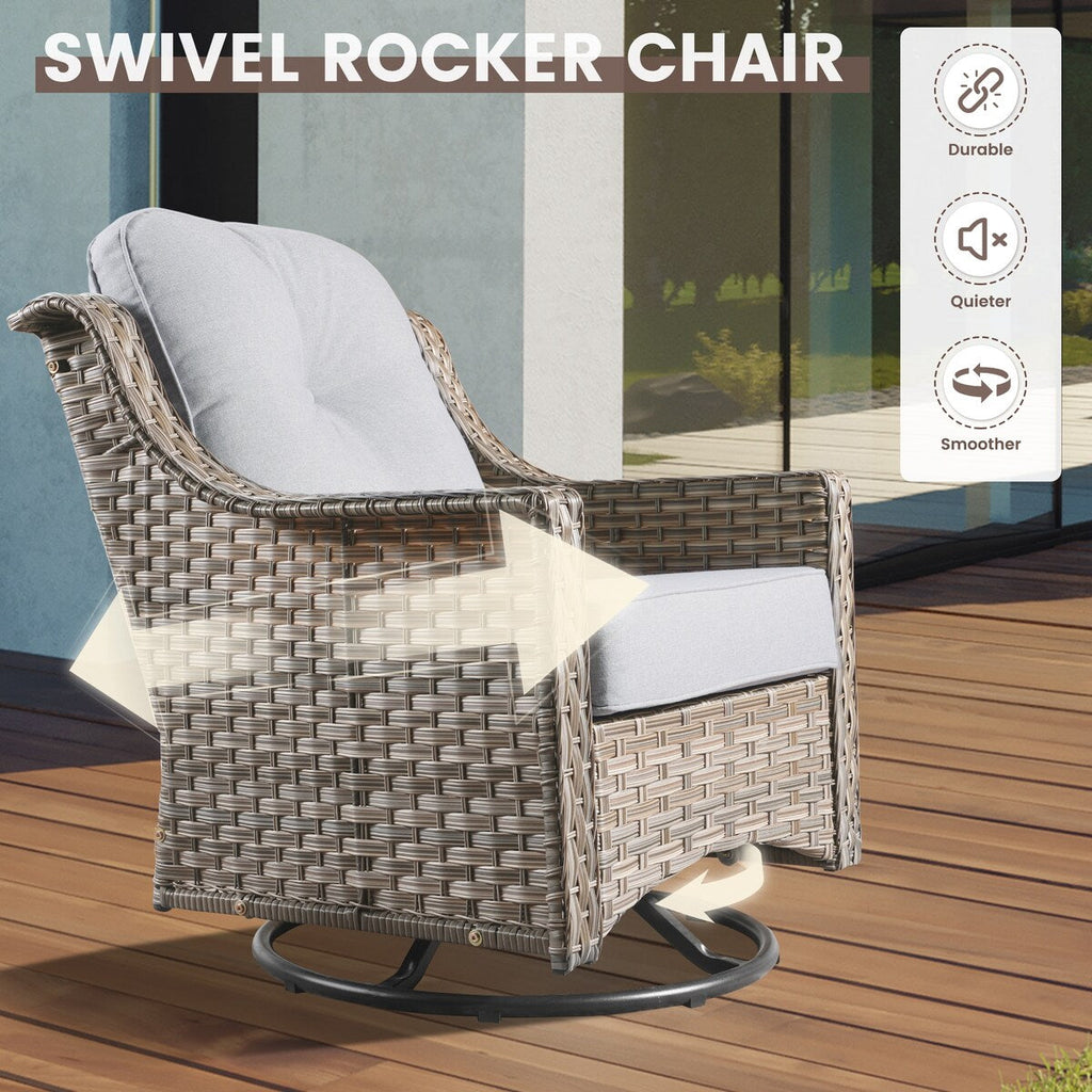 Ensemble de 6 chaises pivotantes d'extérieur en osier OVIOS avec table basse à énergie solaire