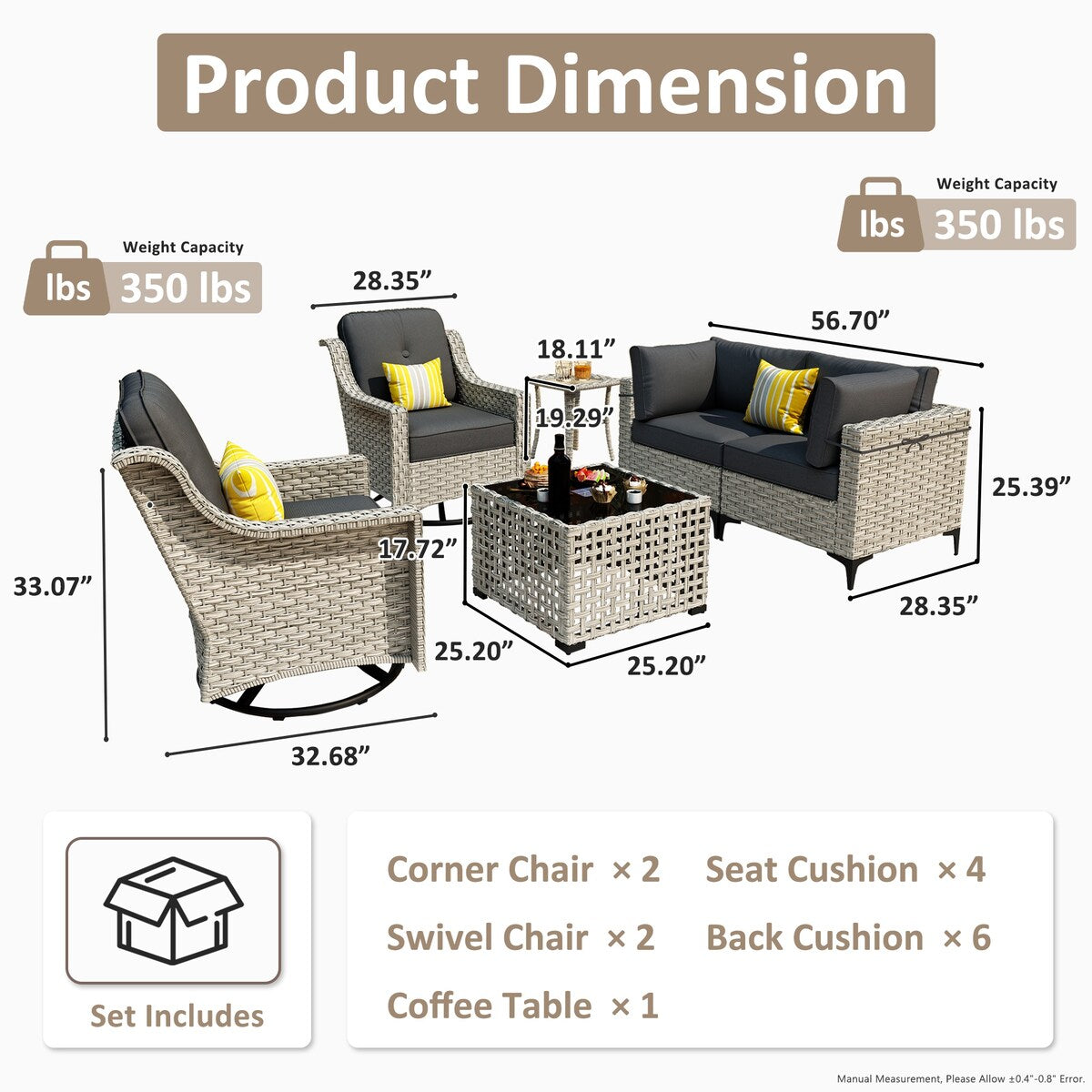Ensemble de 6 chaises pivotantes d'extérieur en osier OVIOS avec table basse à énergie solaire