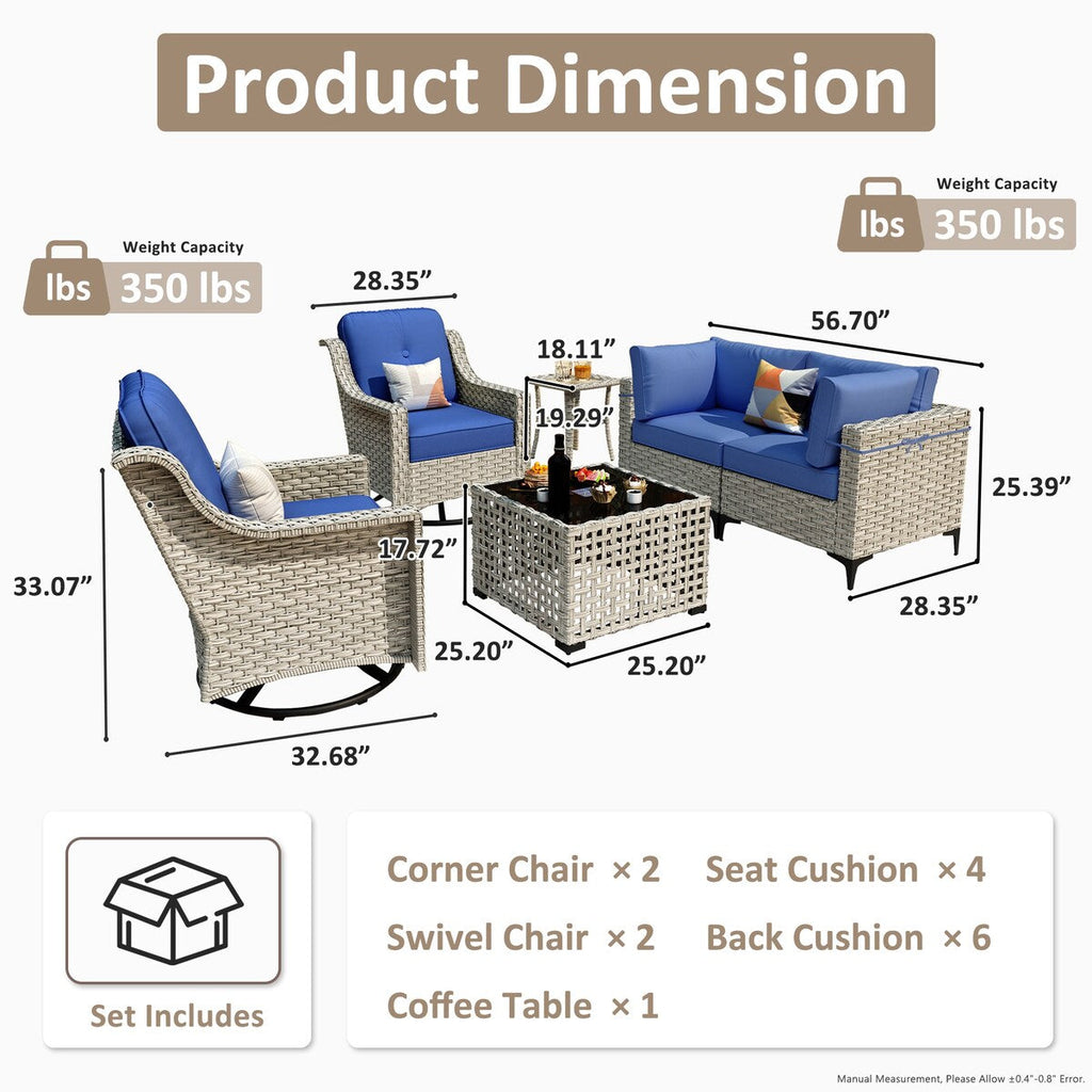 Ensemble de 6 chaises pivotantes d'extérieur en osier OVIOS avec table basse à énergie solaire