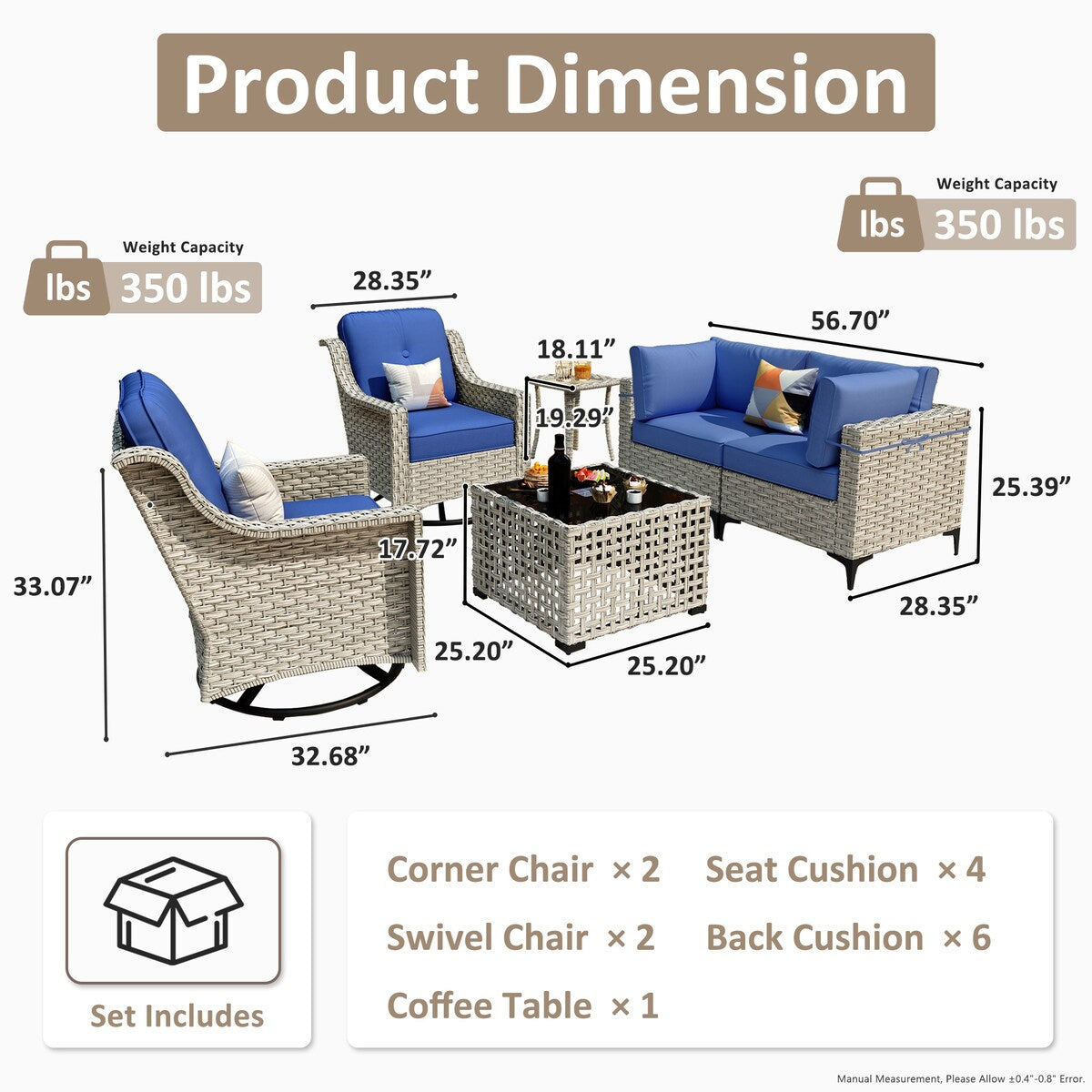 Ensemble de 6 chaises pivotantes d'extérieur en osier OVIOS avec table basse à énergie solaire