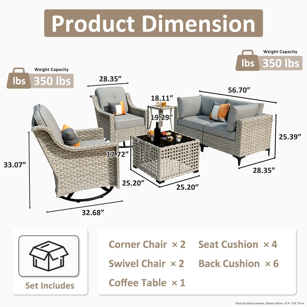 Ensemble de 6 chaises pivotantes d'extérieur en osier OVIOS avec table basse à énergie solaire