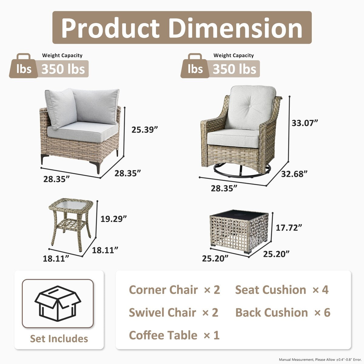 Ensemble de 6 chaises pivotantes d'extérieur en osier OVIOS avec table basse à énergie solaire