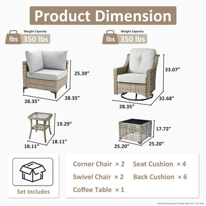 Ensemble de 6 chaises pivotantes d'extérieur en osier OVIOS avec table basse à énergie solaire