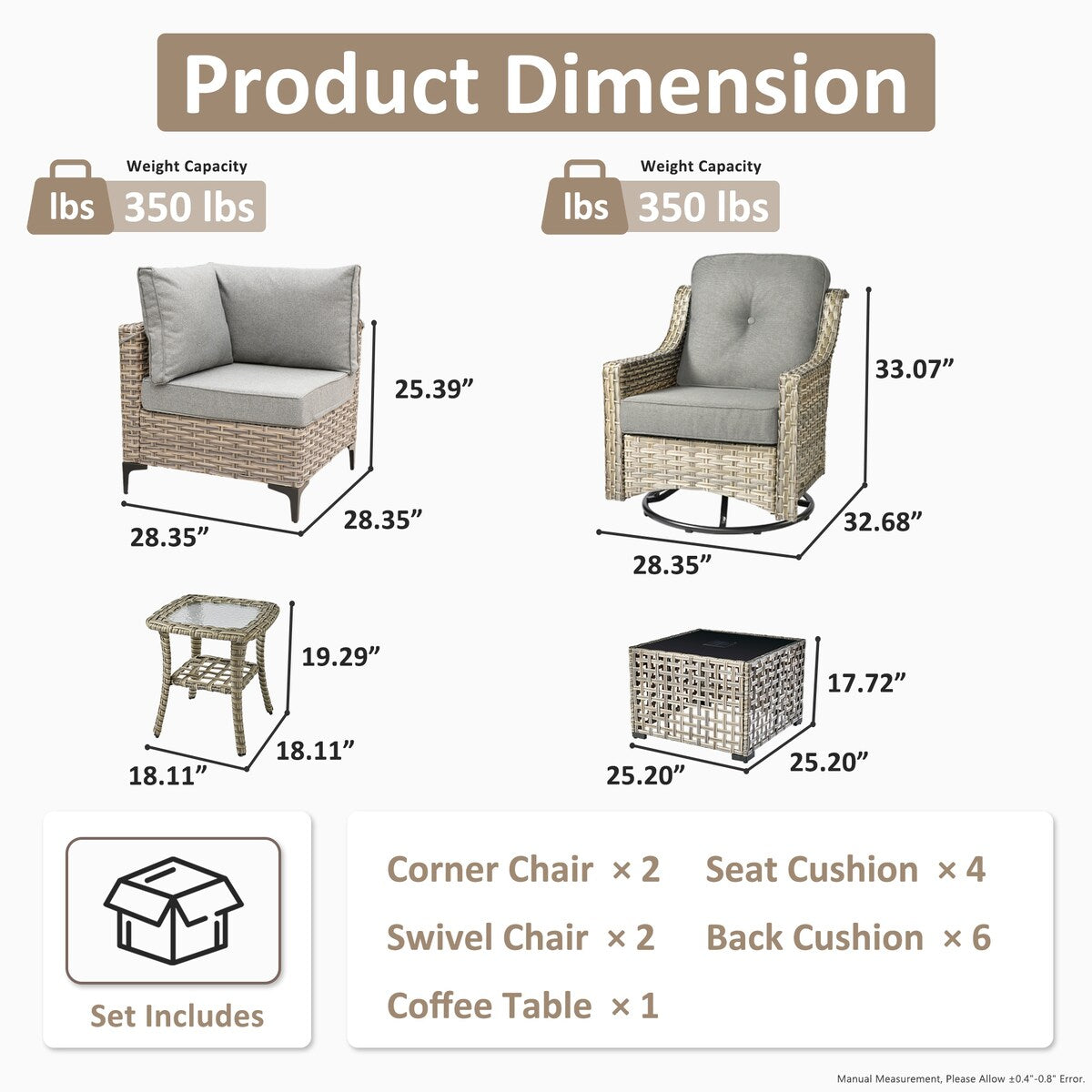 Ensemble de 6 chaises pivotantes d'extérieur en osier OVIOS avec table basse à énergie solaire