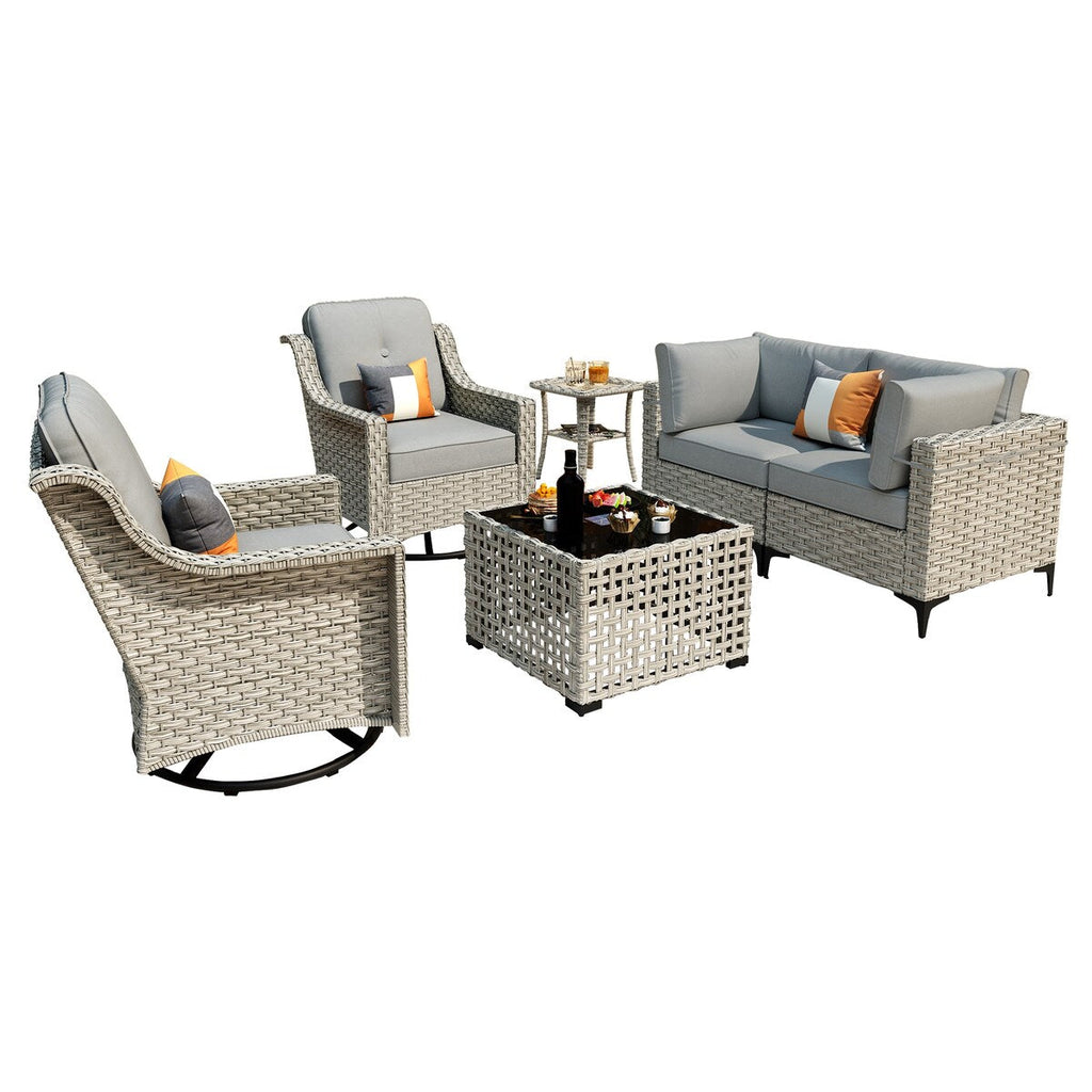 Ensemble de 6 chaises pivotantes d'extérieur en osier OVIOS avec table basse à énergie solaire