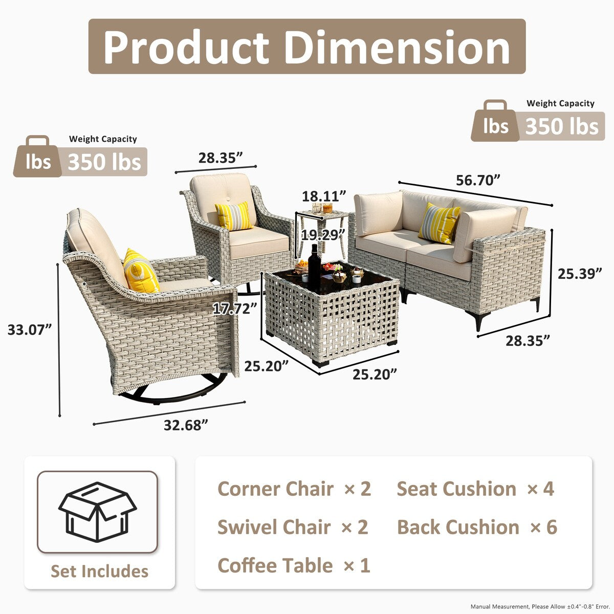 Ensemble de 6 chaises pivotantes d'extérieur en osier OVIOS avec table basse à énergie solaire