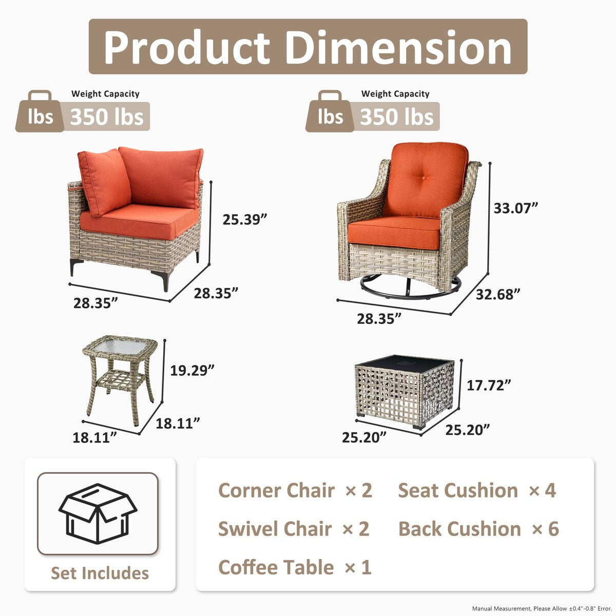 Ensemble de 6 chaises pivotantes d'extérieur en osier OVIOS avec table basse à énergie solaire