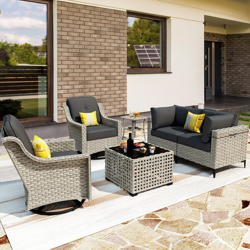 Ensemble de 6 chaises pivotantes d'extérieur en osier OVIOS avec table basse à énergie solaire