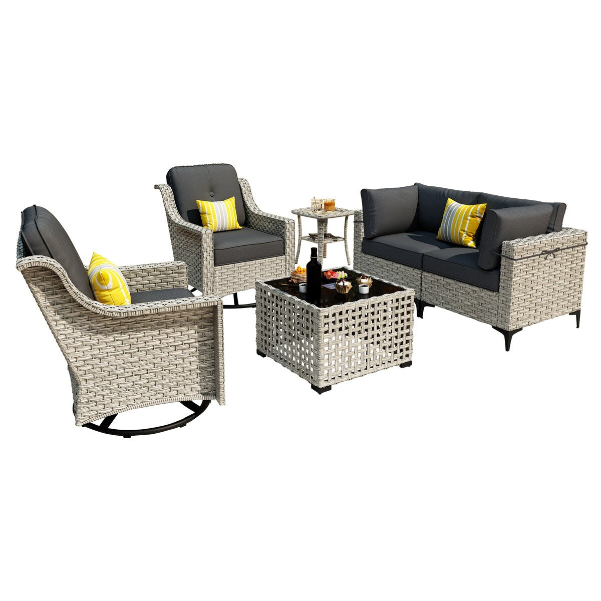 Ensemble de 6 chaises pivotantes d'extérieur en osier OVIOS avec table basse à énergie solaire