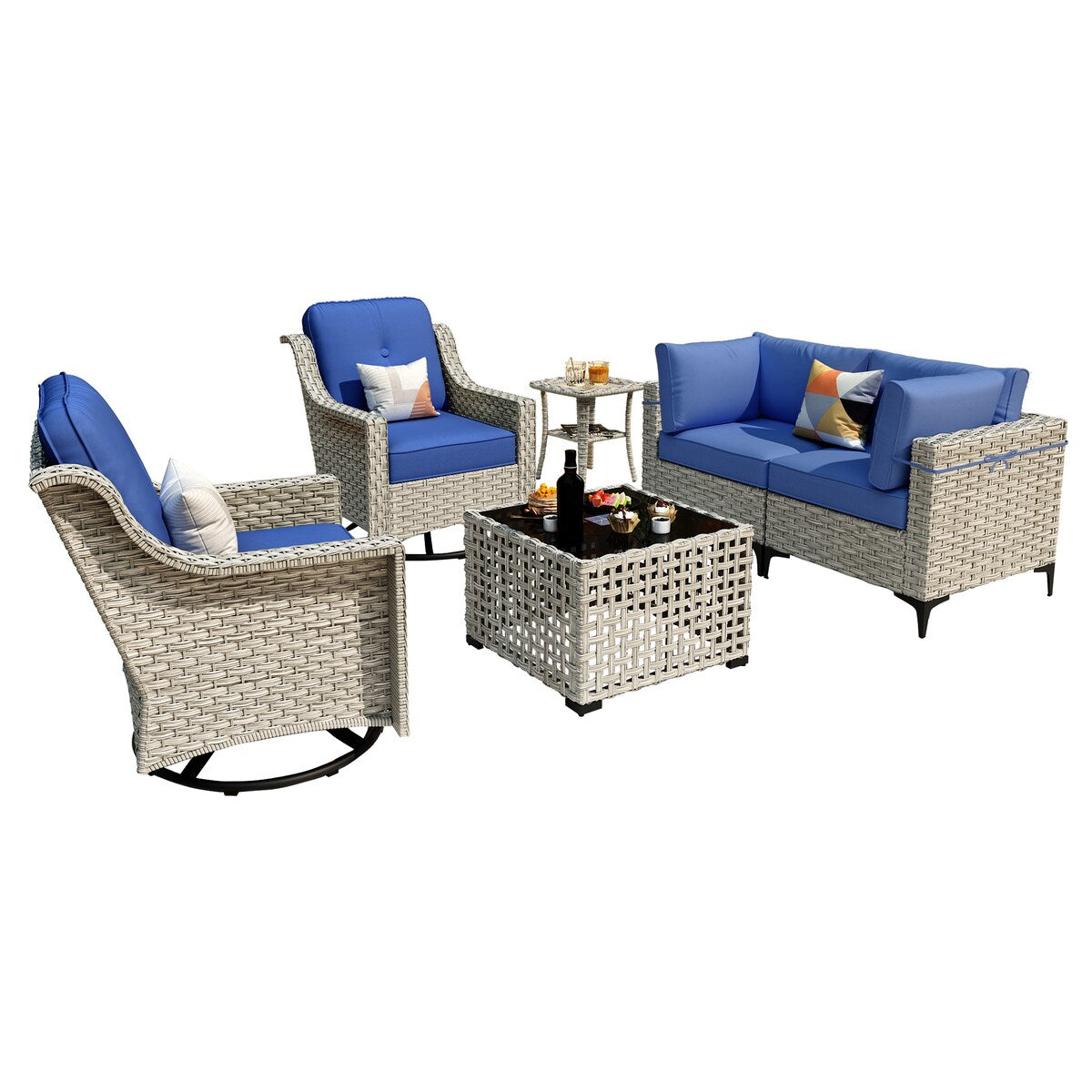 Ensemble de 6 chaises pivotantes d'extérieur en osier OVIOS avec table basse à énergie solaire