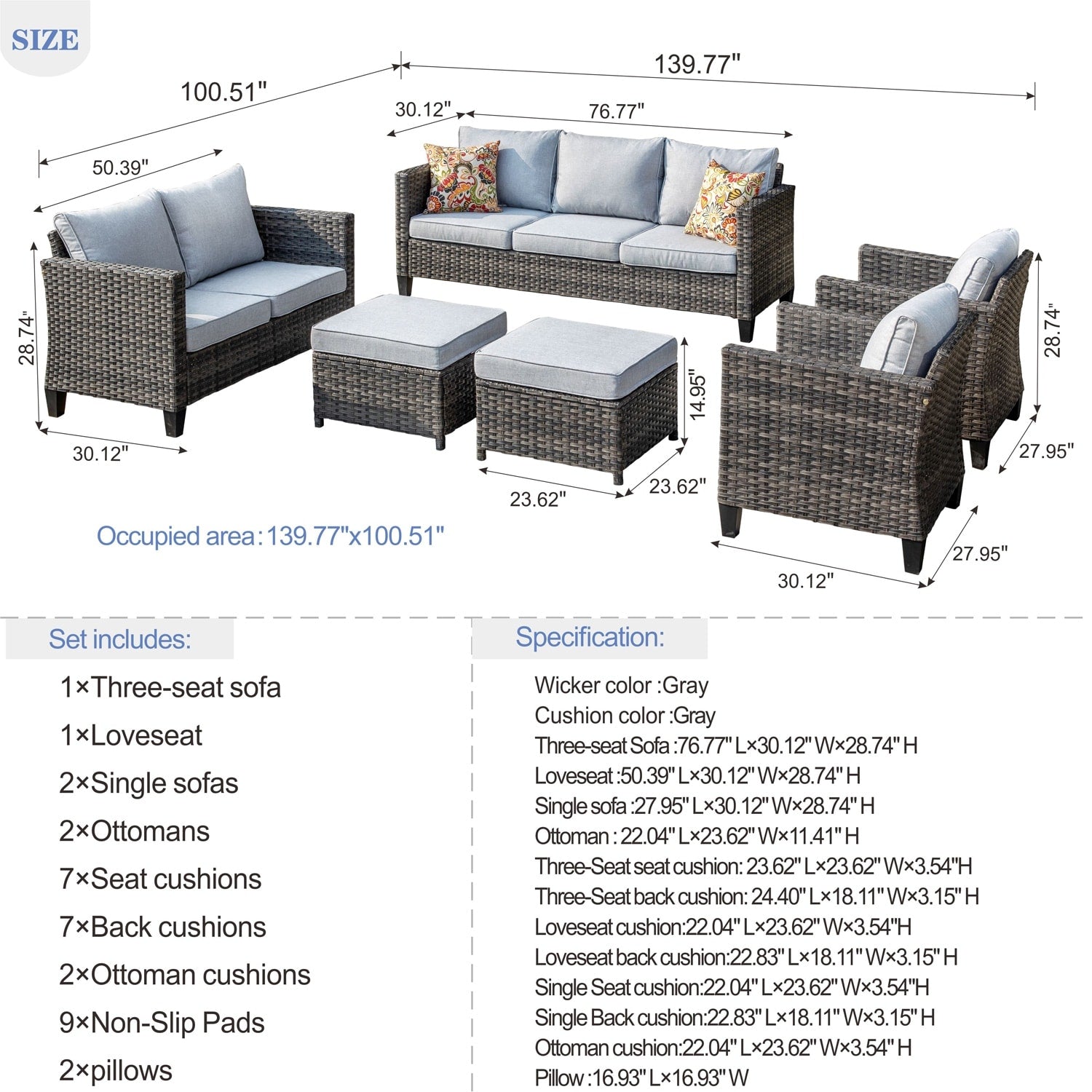 Ensemble de 6 pièces de meubles de patio en osier OVIOS avec causeuse et conversation