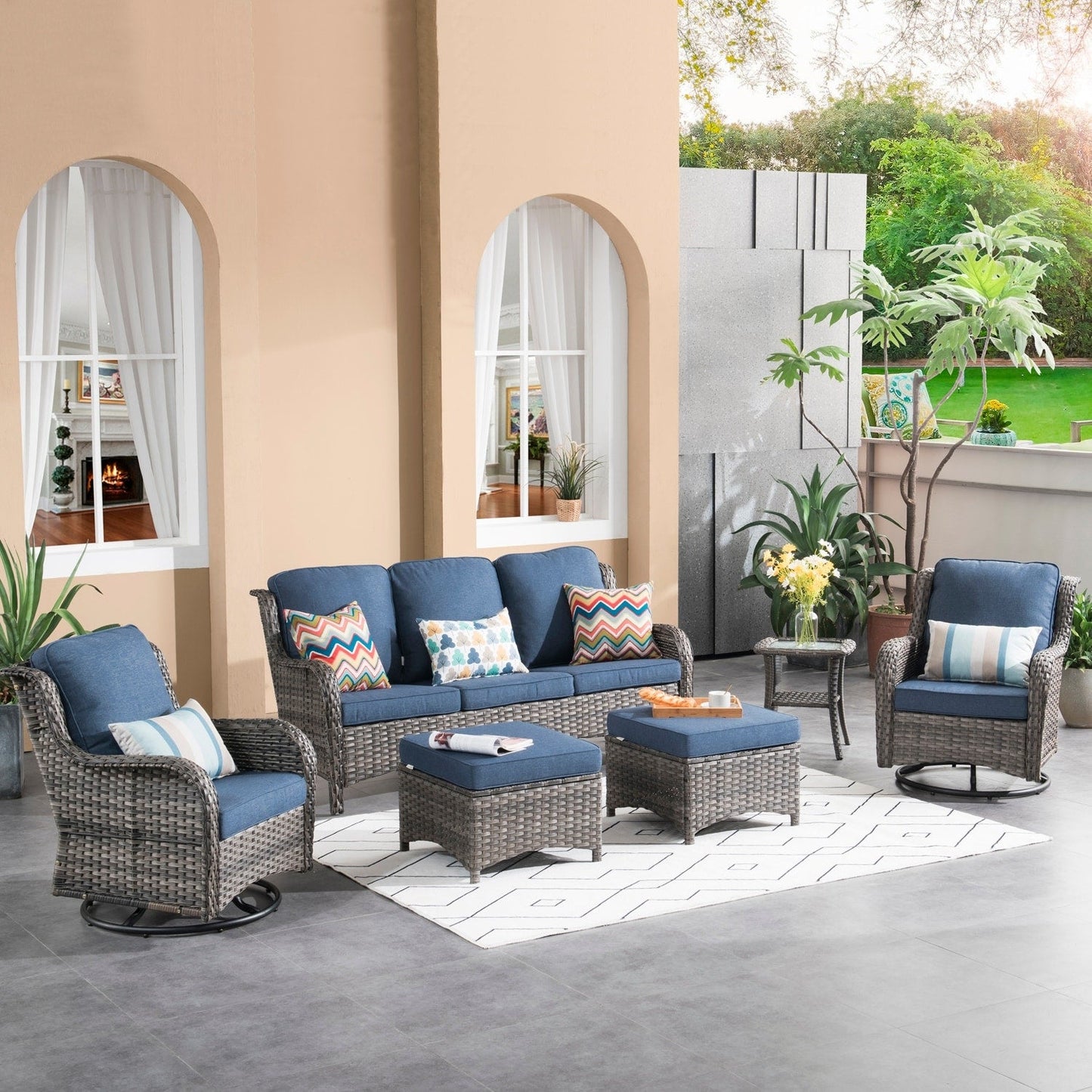 Ensemble de conversation en osier OVIOS 6 pièces avec chaises pivotantes