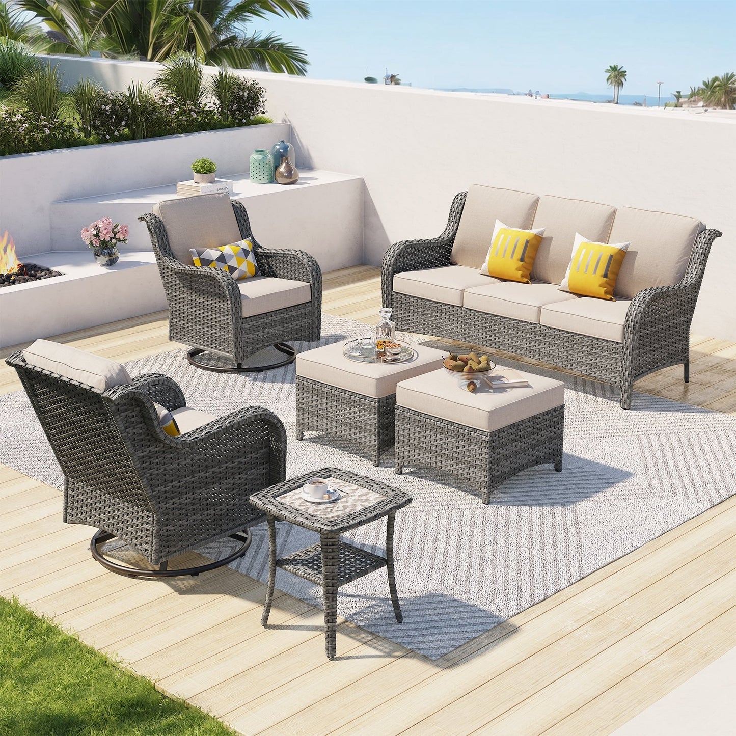 Ensemble de conversation en osier OVIOS 6 pièces avec chaises pivotantes