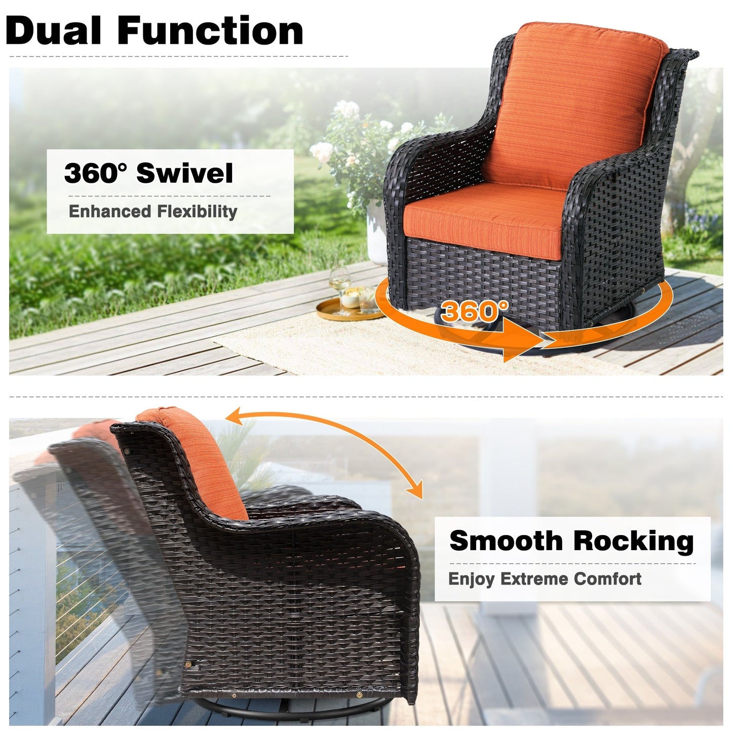 Ensemble de conversation en osier OVIOS 6 pièces avec chaises pivotantes