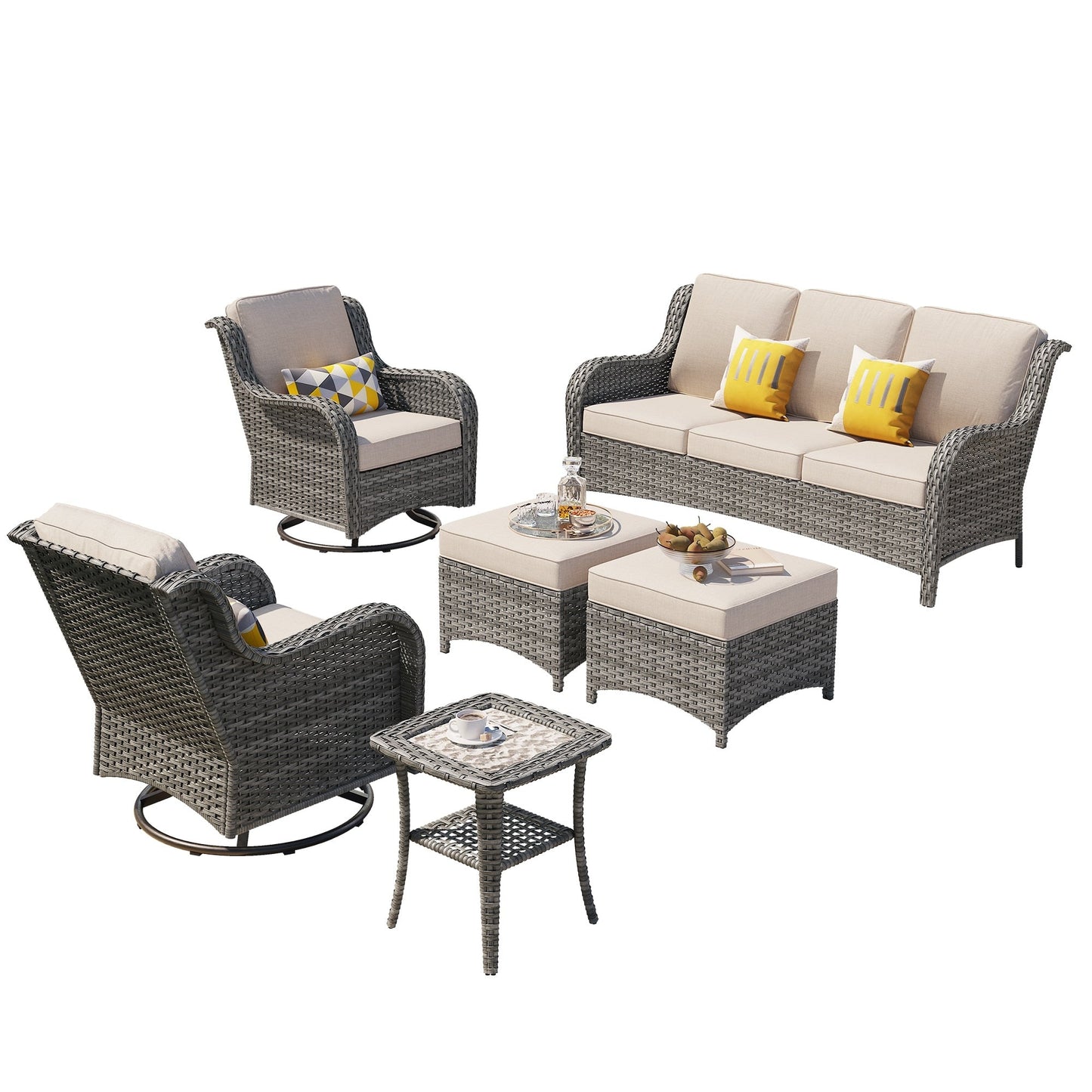 Ensemble de conversation en osier OVIOS 6 pièces avec chaises pivotantes
