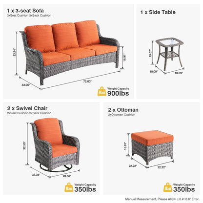 Ensemble de conversation en osier OVIOS 6 pièces avec chaises pivotantes