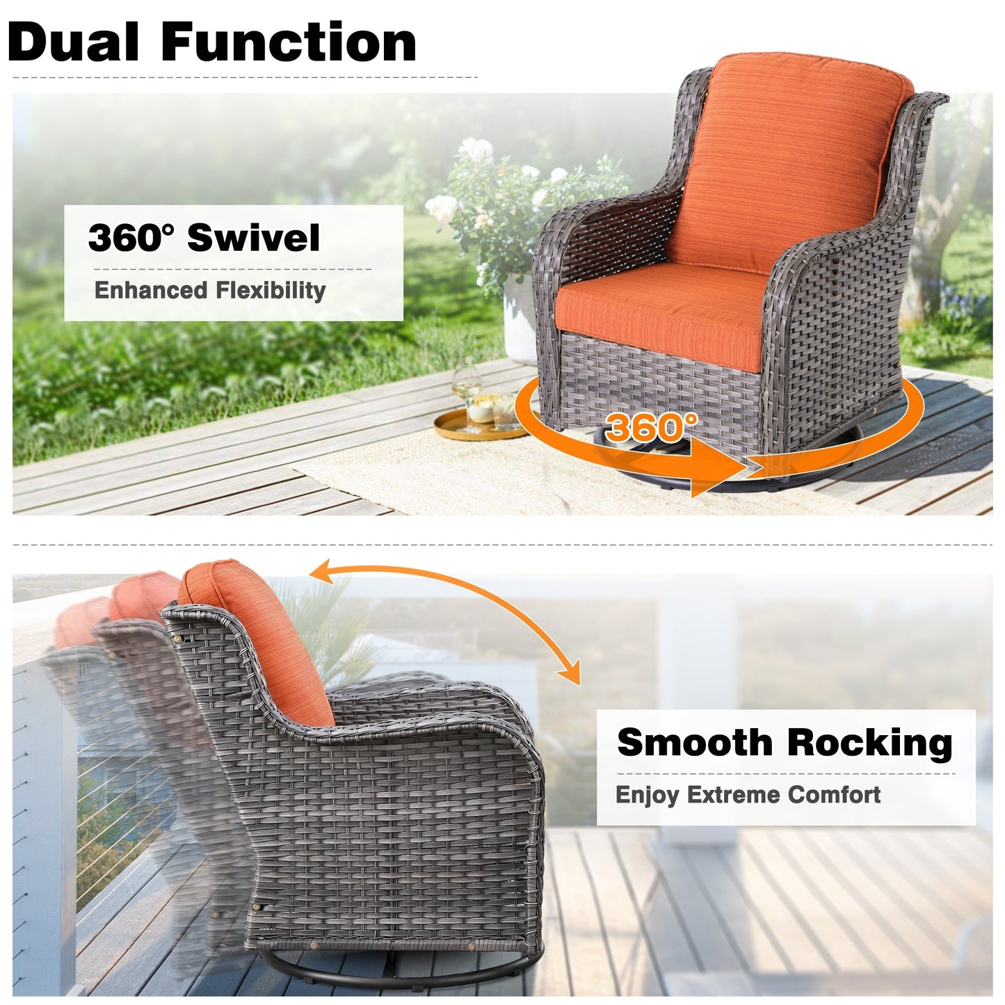 Ensemble de conversation en osier OVIOS 6 pièces avec chaises pivotantes