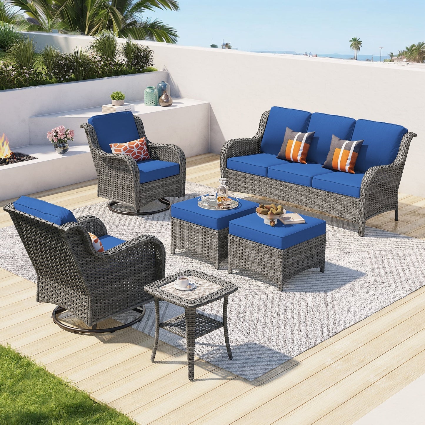 Ensemble de conversation en osier OVIOS 6 pièces avec chaises pivotantes