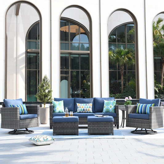Ensemble de canapés de patio OVIOS 6 pièces en osier avec chaises berçantes pivotantes