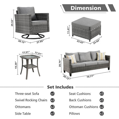 Ensemble de canapés de patio OVIOS 6 pièces en osier avec chaises berçantes pivotantes