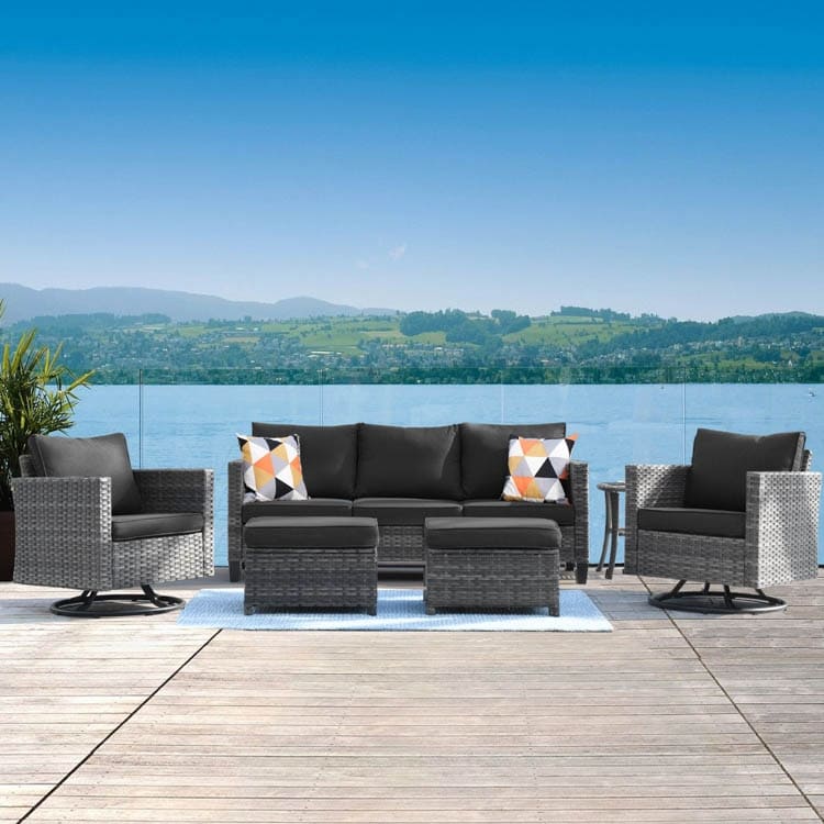 Ensemble de canapés de patio OVIOS 6 pièces en osier avec chaises berçantes pivotantes