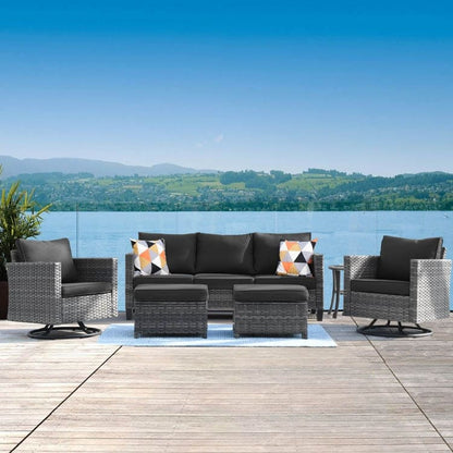 Ensemble de canapés de patio OVIOS 6 pièces en osier avec chaises berçantes pivotantes