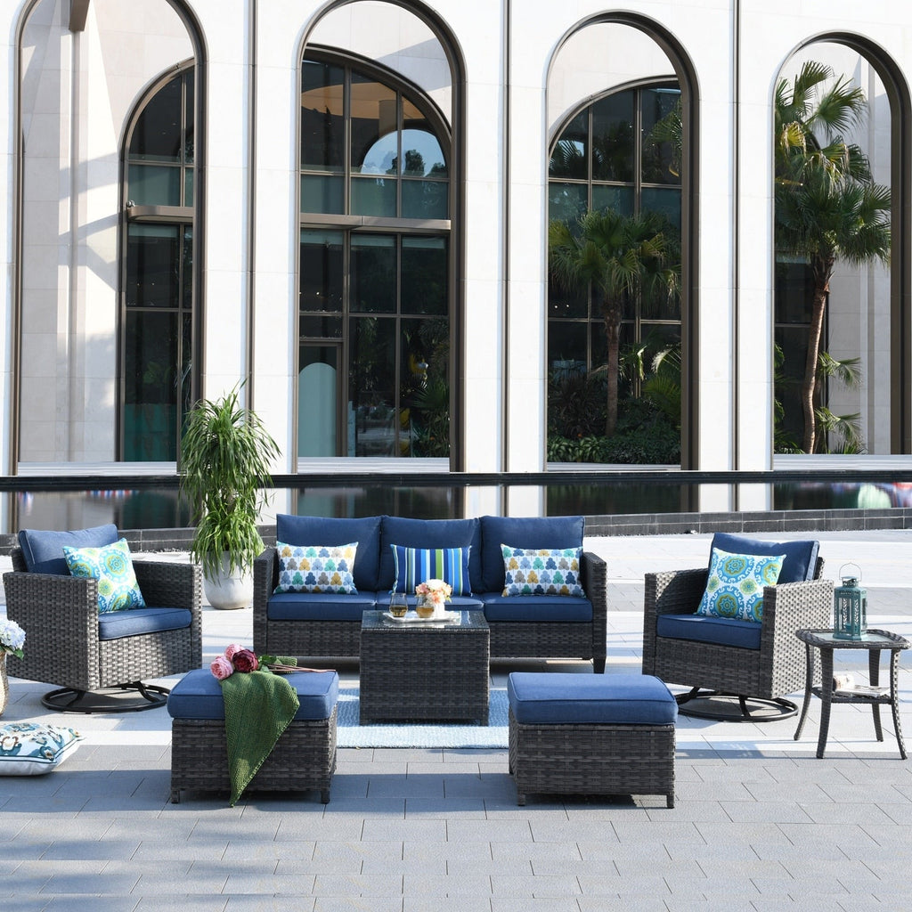 Ensemble de meubles de patio OVIOS 7 pièces en osier avec chaises pivotantes à bascule