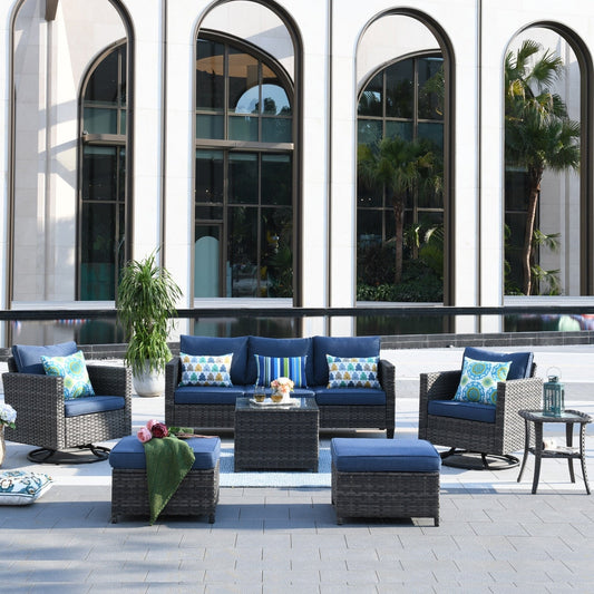 Ensemble de meubles de patio OVIOS 7 pièces en osier avec chaises pivotantes à bascule
