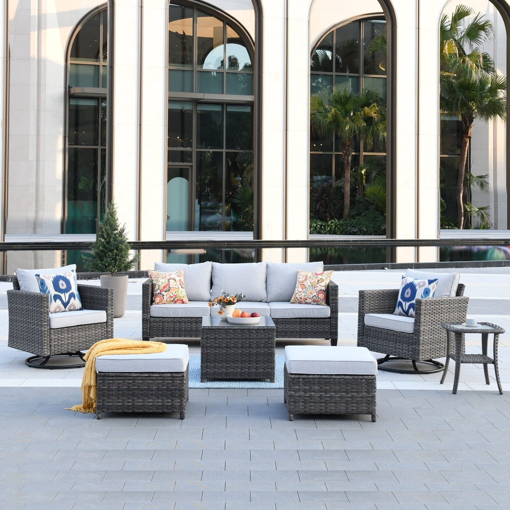 Ensemble de meubles de patio OVIOS 7 pièces en osier avec chaises pivotantes à bascule