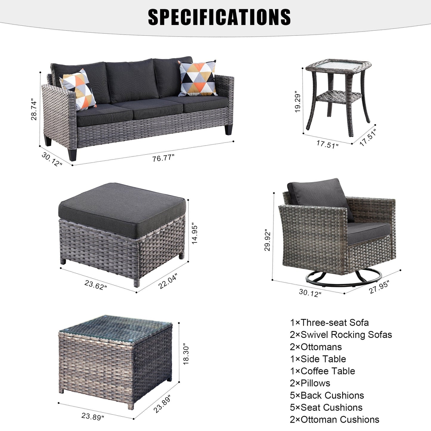 Ensemble de meubles de patio OVIOS 7 pièces en osier avec chaises pivotantes à bascule