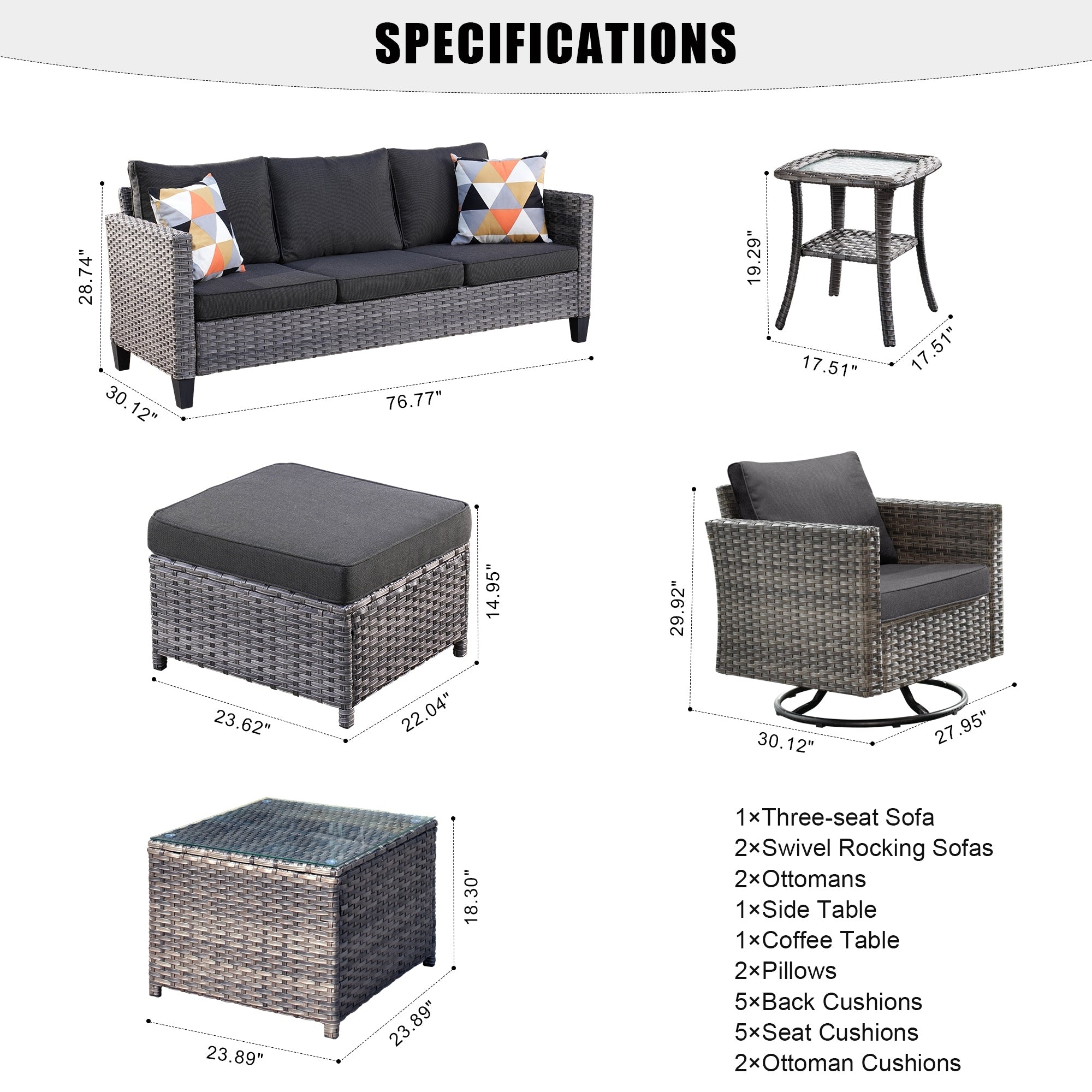 Ensemble de meubles de patio OVIOS 7 pièces en osier avec chaises pivotantes à bascule
