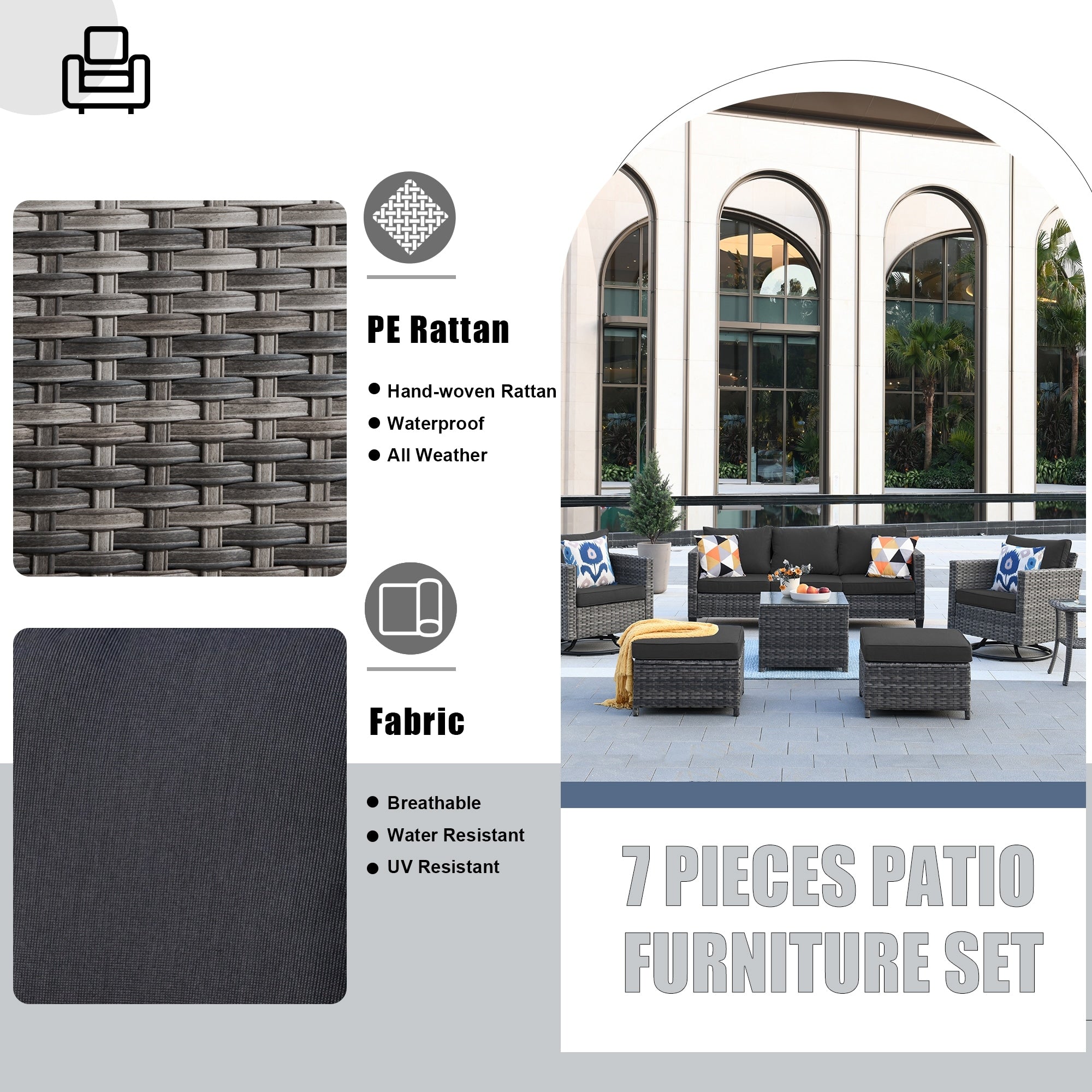 Ensemble de meubles de patio OVIOS 7 pièces en osier avec chaises pivotantes à bascule