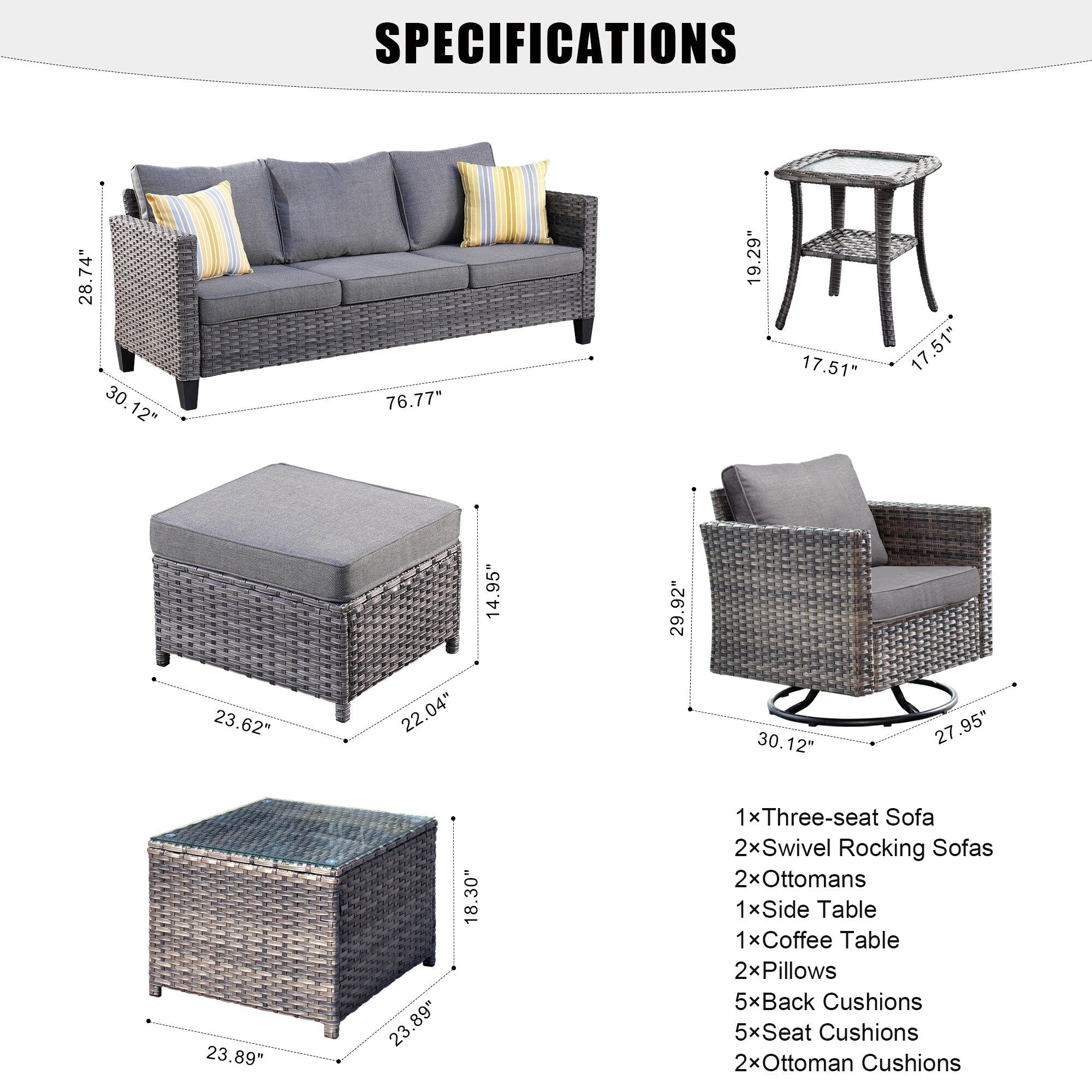 Ensemble de meubles de patio OVIOS 7 pièces en osier avec chaises pivotantes à bascule