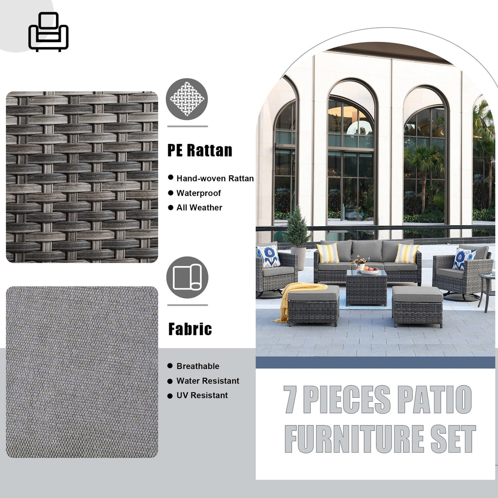 Ensemble de meubles de patio OVIOS 7 pièces en osier avec chaises pivotantes à bascule