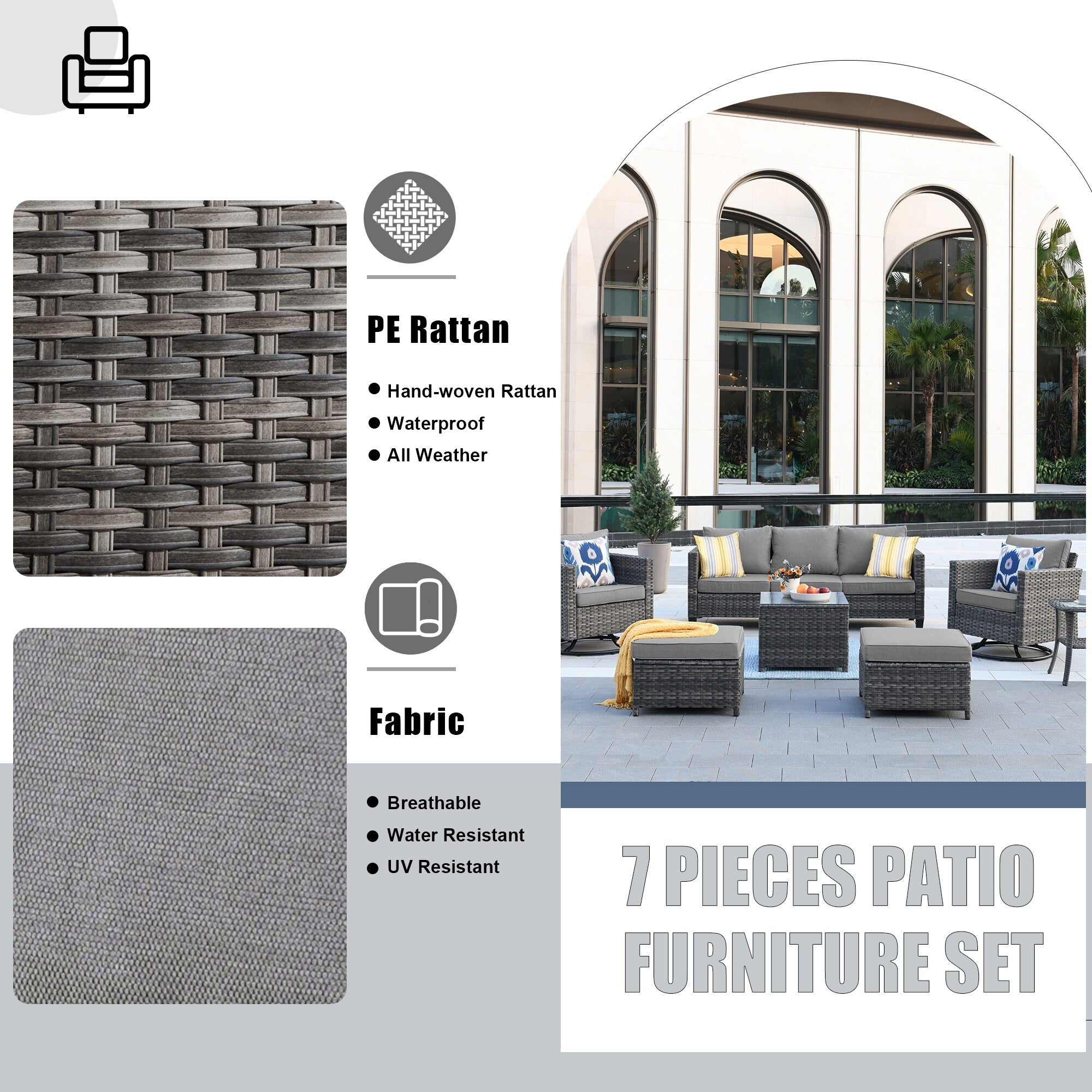 Ensemble de meubles de patio OVIOS 7 pièces en osier avec chaises pivotantes à bascule