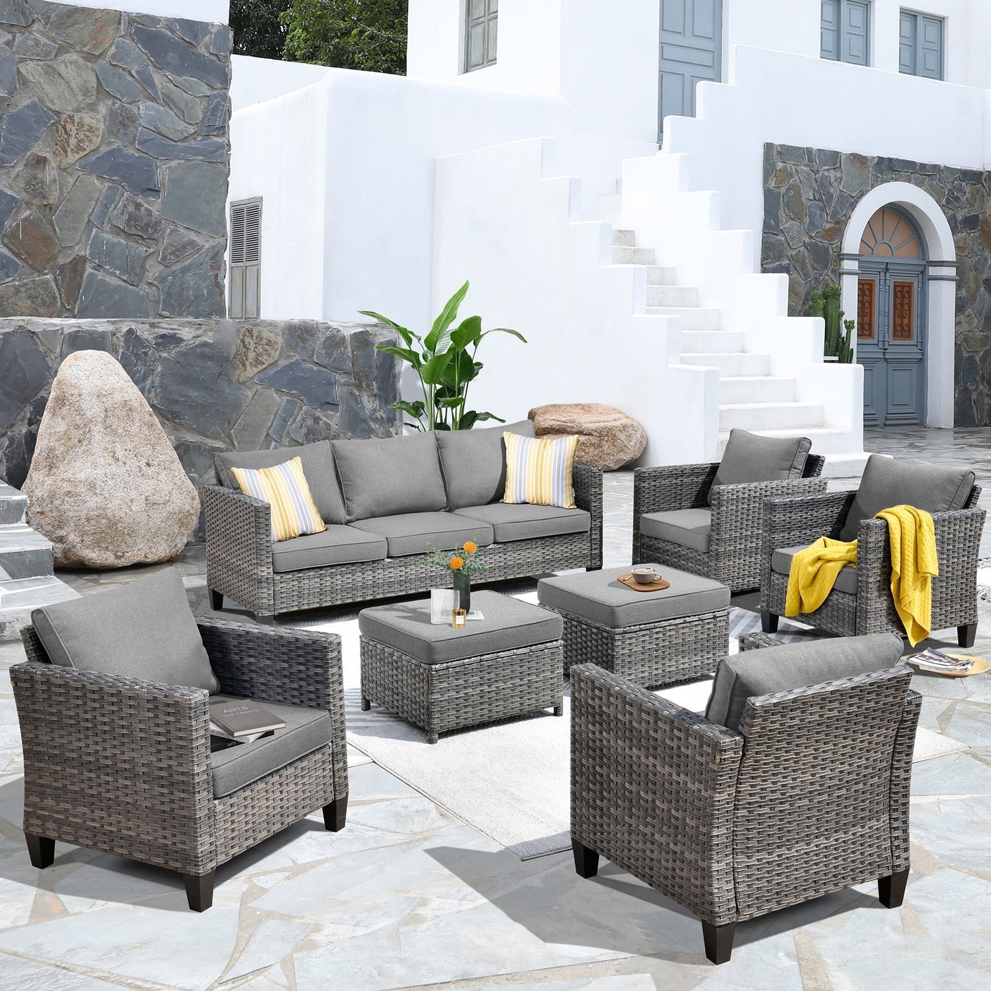 Ensemble de conversation extérieur en osier OVIOS 7 pièces pour patio